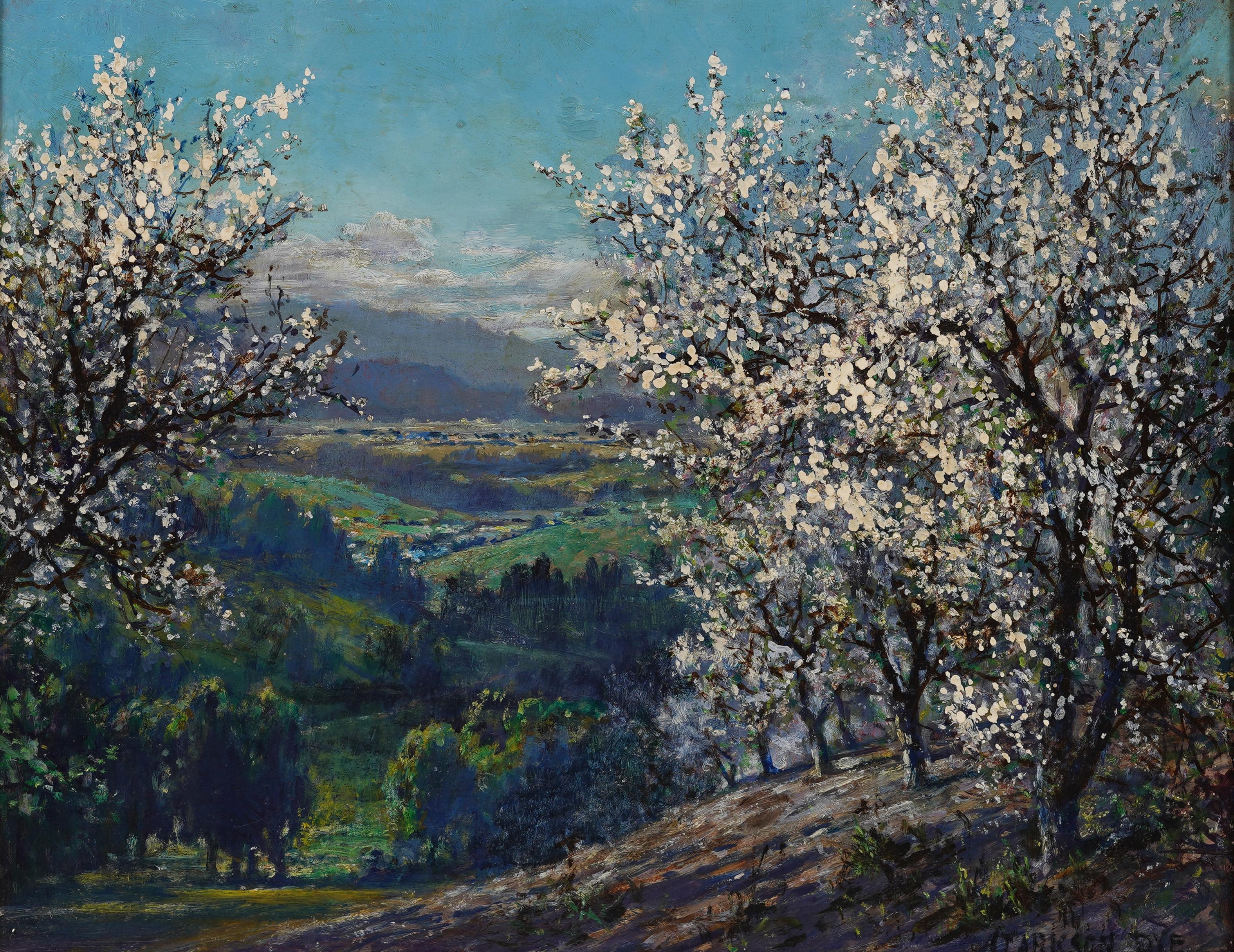 Antico dipinto di paesaggio impressionista americano con cornice e firma - Landscape Painting Nero di Clarkson Dye (1869 - 1955)