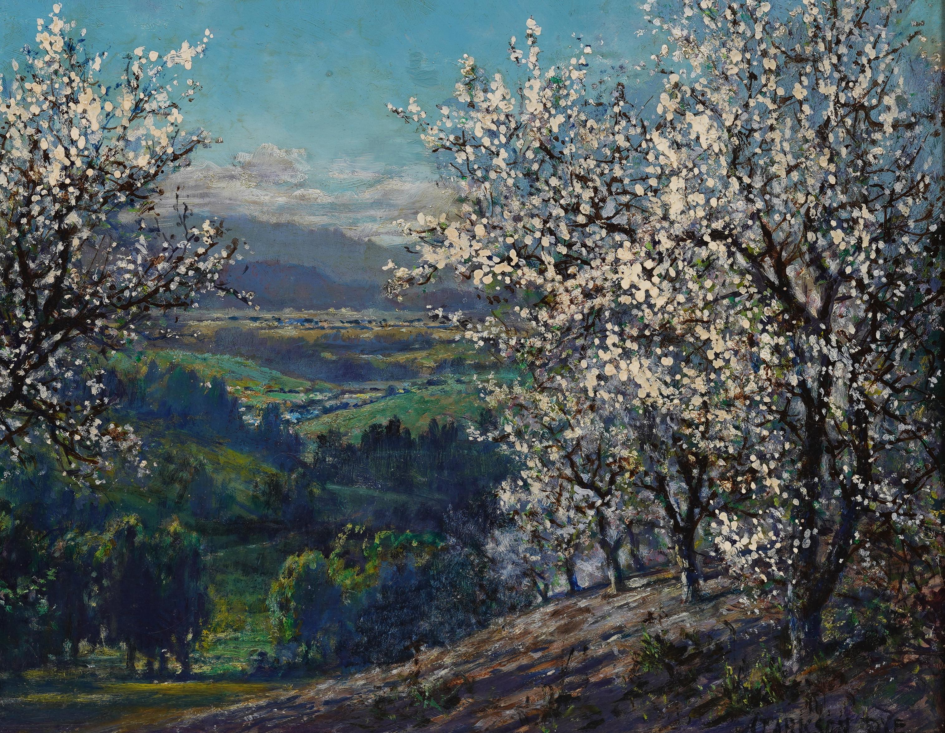 Antico dipinto di paesaggio impressionista americano di Clarkson Dye (1869 - 1955).  Olio su tavola.  Incorniciato.  Firmato.  