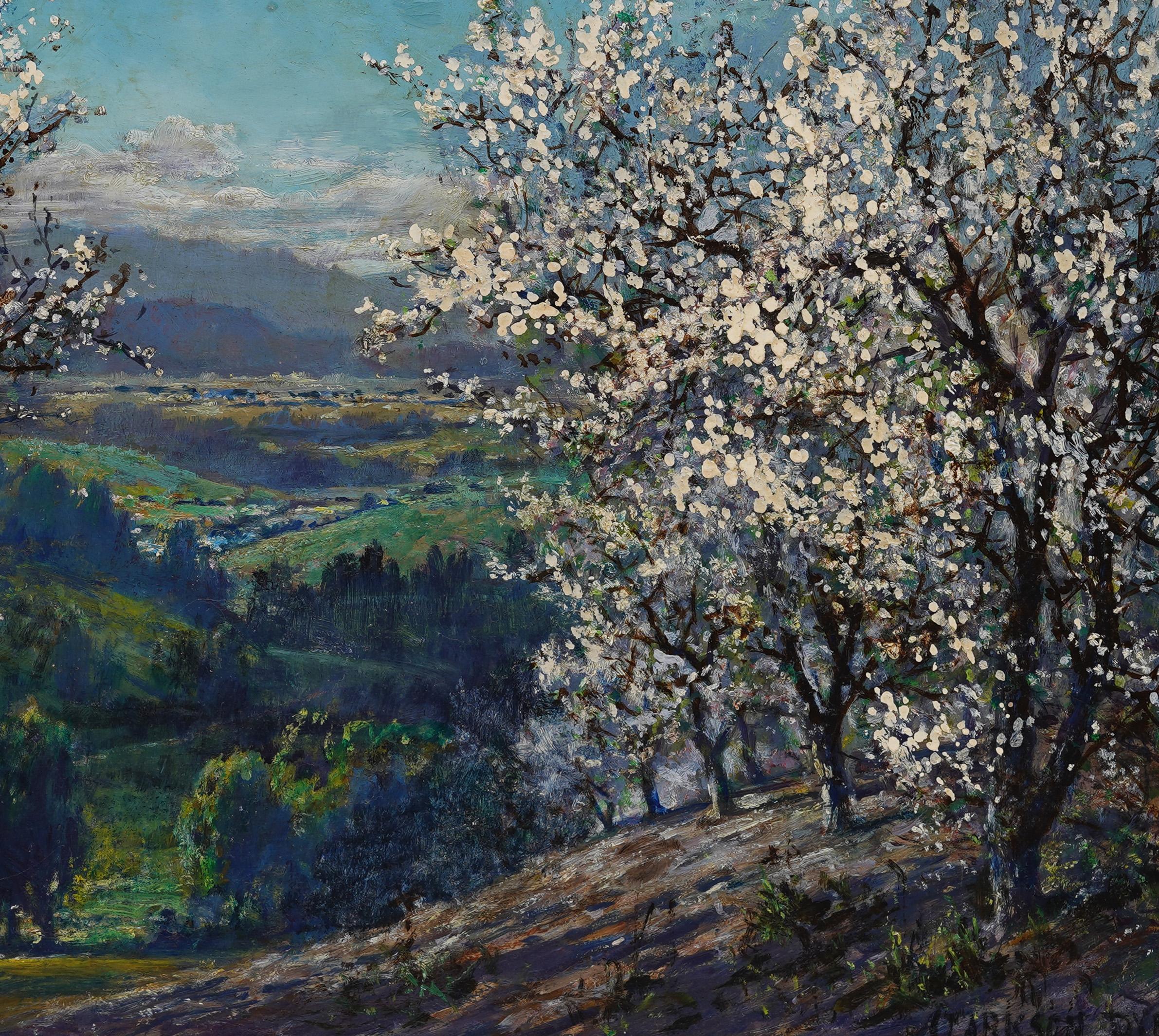 Antico dipinto di paesaggio impressionista americano con cornice e firma 1