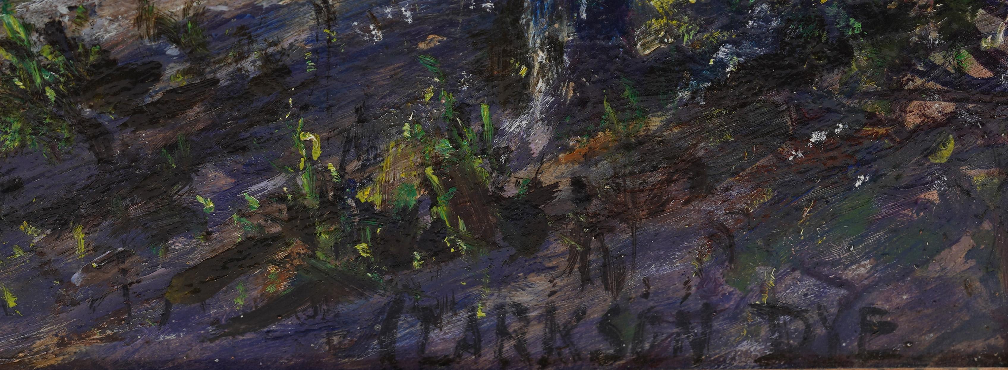 Antico dipinto di paesaggio impressionista americano con cornice e firma 2