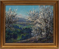 Antico dipinto di paesaggio impressionista americano con cornice e firma