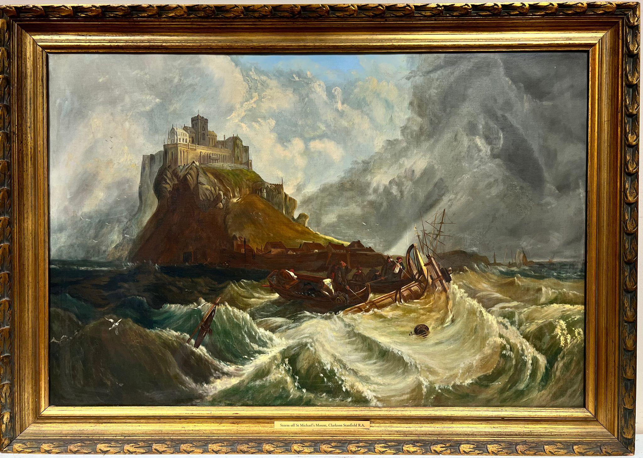 Clarkson Stanfield Landscape Painting - Huge Victorian English Marine Oil Painting Stormy Seas St Michaels Mount