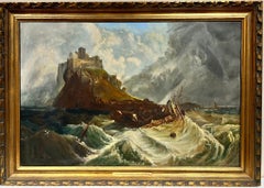 Huge Victorian English Marine Oil Painting Stormy Seas St Michaels Mount