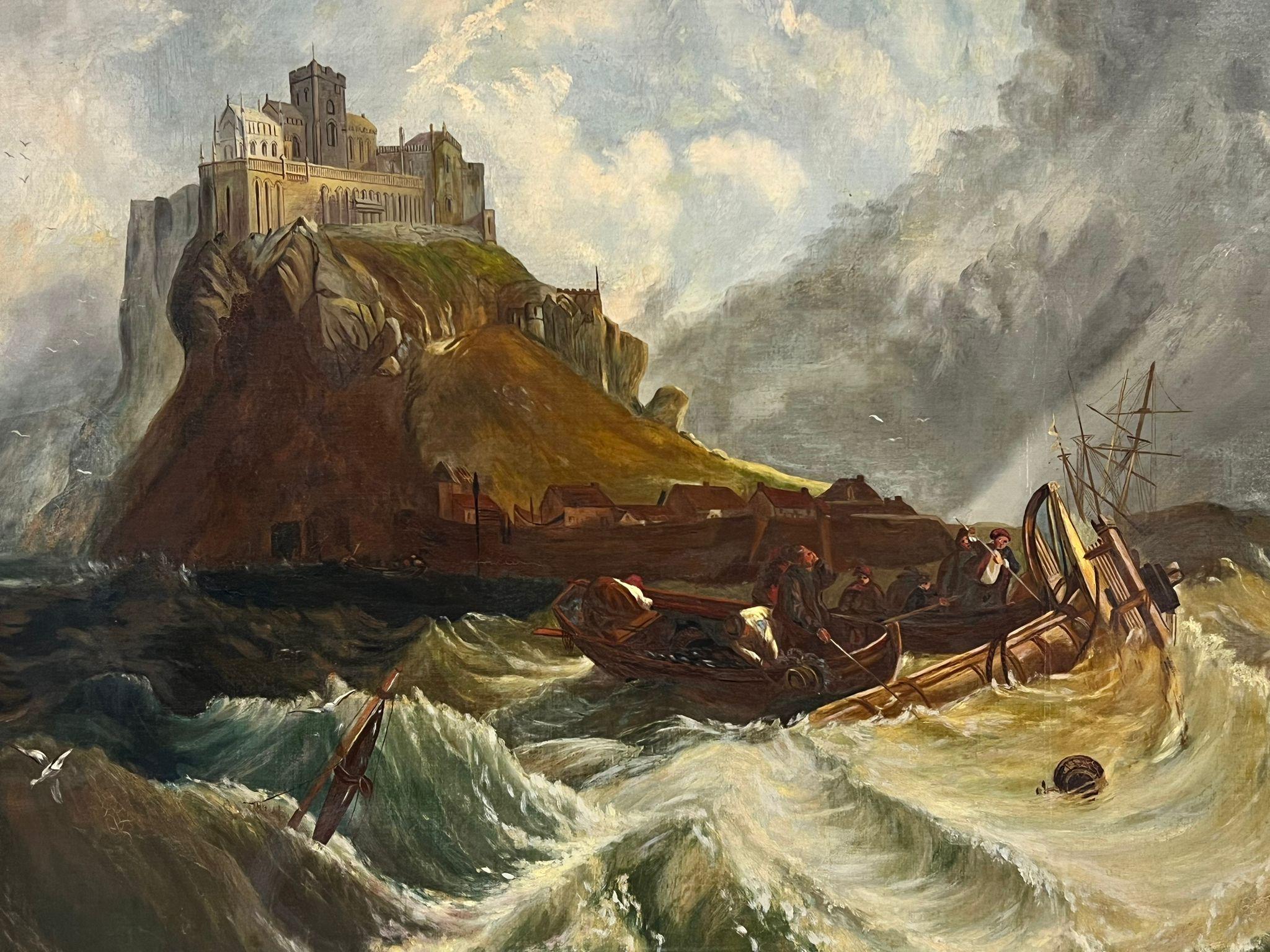 Huge Victorian English Marine Oil Painting Stormy Seas St Michaels Mount 1