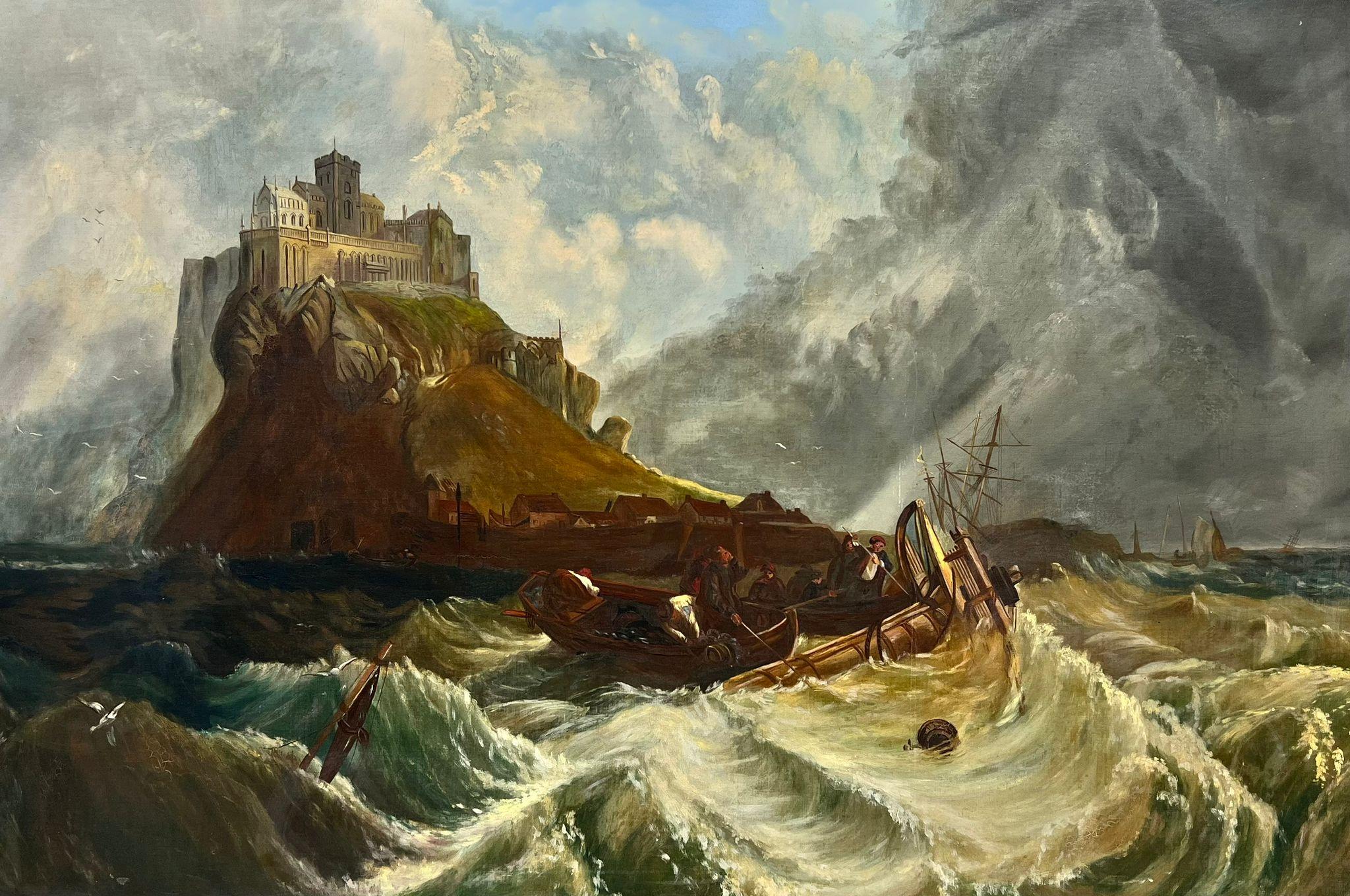 Huge Victorian English Marine Oil Painting Stormy Seas St Michaels Mount 2