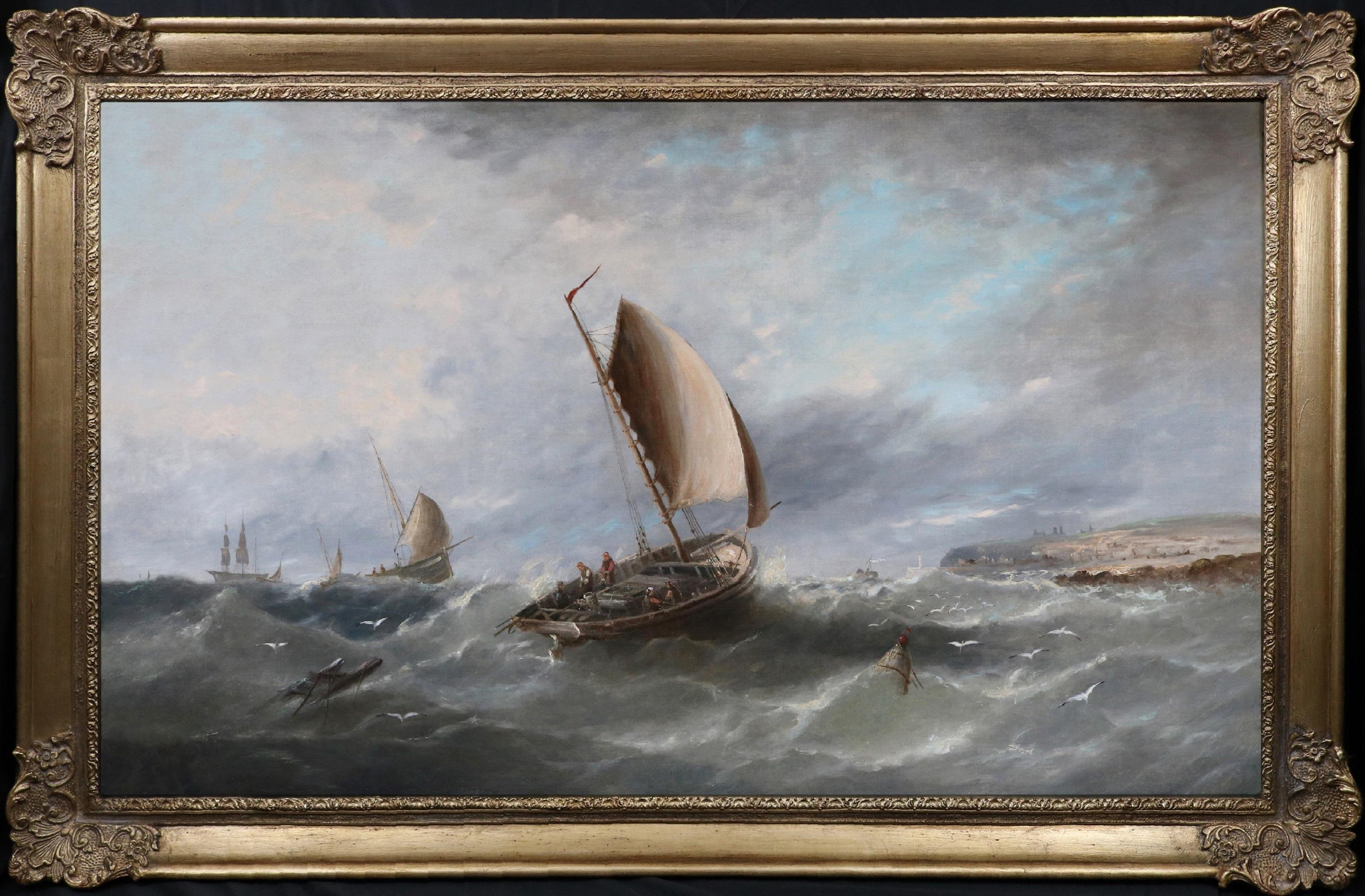 Grande peinture à l'huile maritime du XIXe siècle représentant la navigation dans la Manche