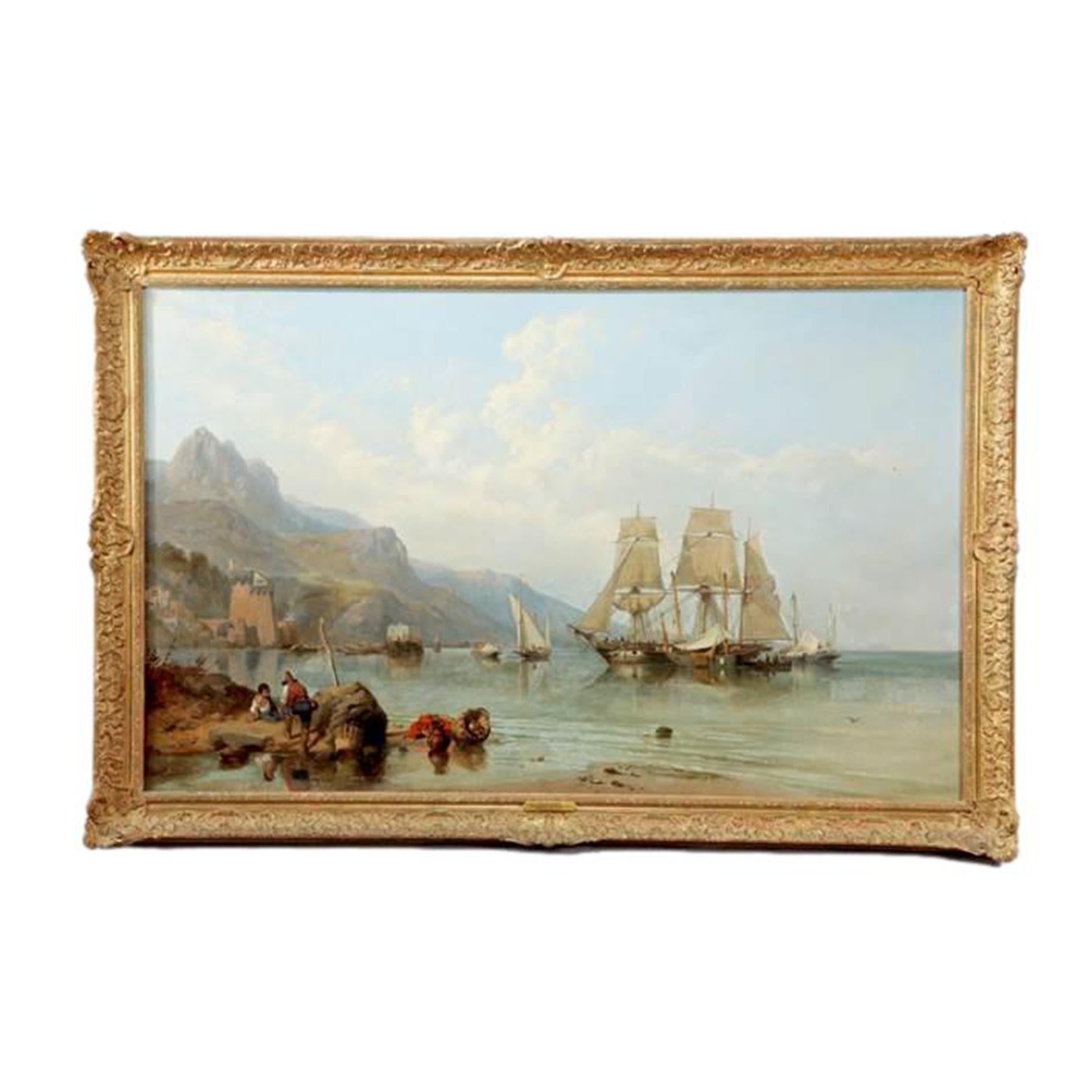 Clarkson Stanfield: The Gulf of Salerno

This oil painting on canvas shows commercial shipping and fishermen in the Gulf of Salerno.  The tower at Vietri is visible in the background.  There is a three masted barque surrounded by a cluster of
