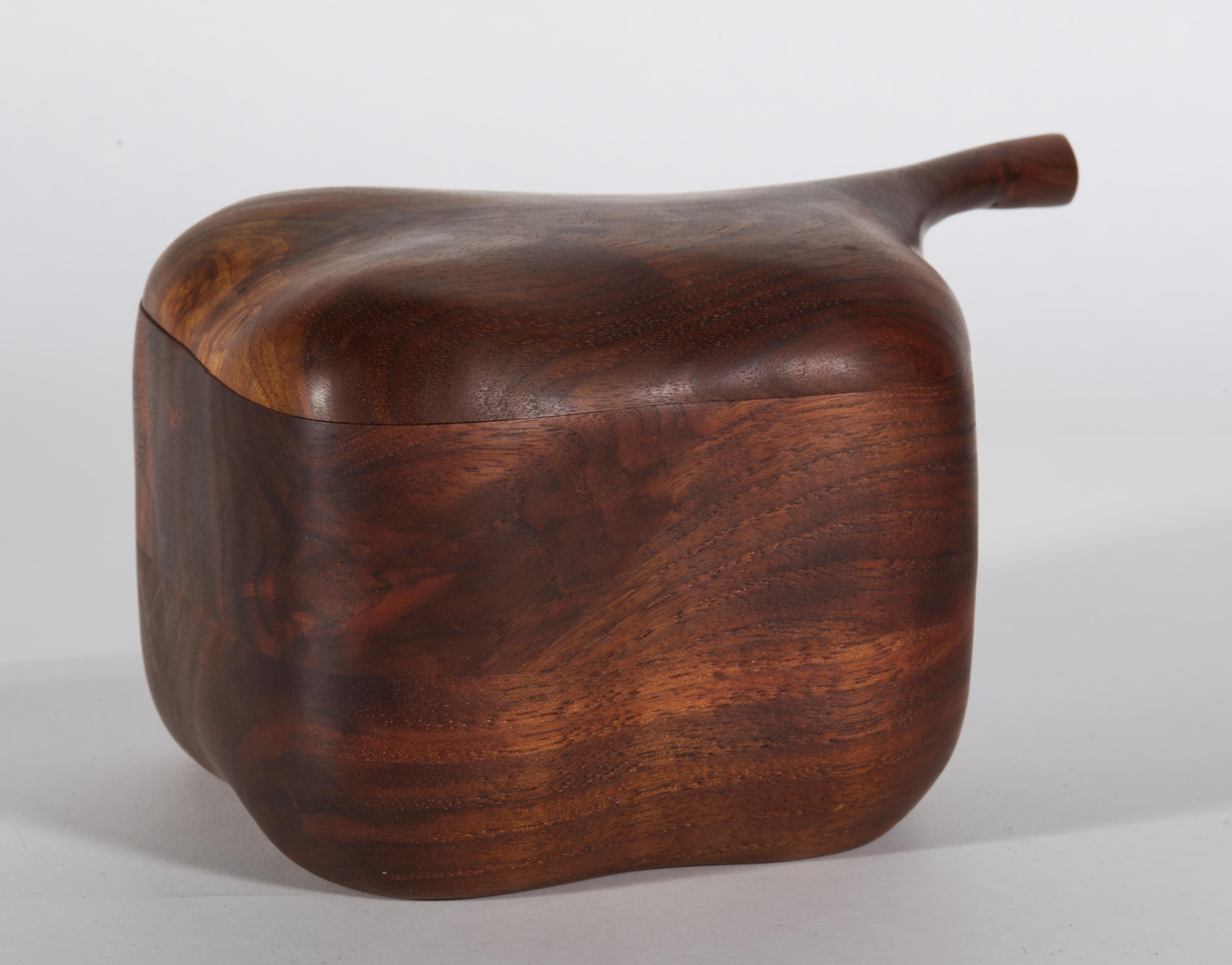 La grande scatola decorativa d'epoca con coperchio scorrevole ha una forma modernista realizzata a mano e intagliata in legno di noce Claro, un tipo di noce dai colori vivaci e dai contorni molto particolari. La texture fine del legno è enfatizzata