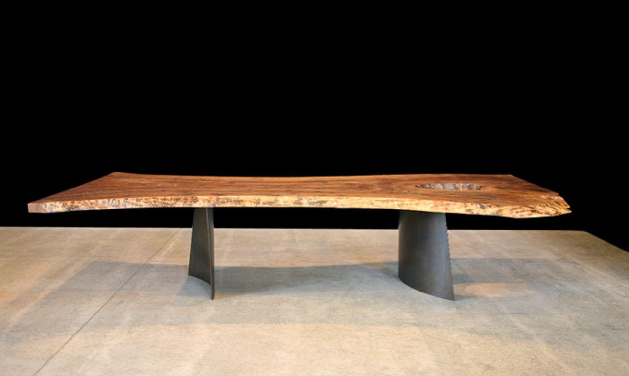 Modern Organic Claro Walnut Dining Table with Curved Patina Legs For Sale