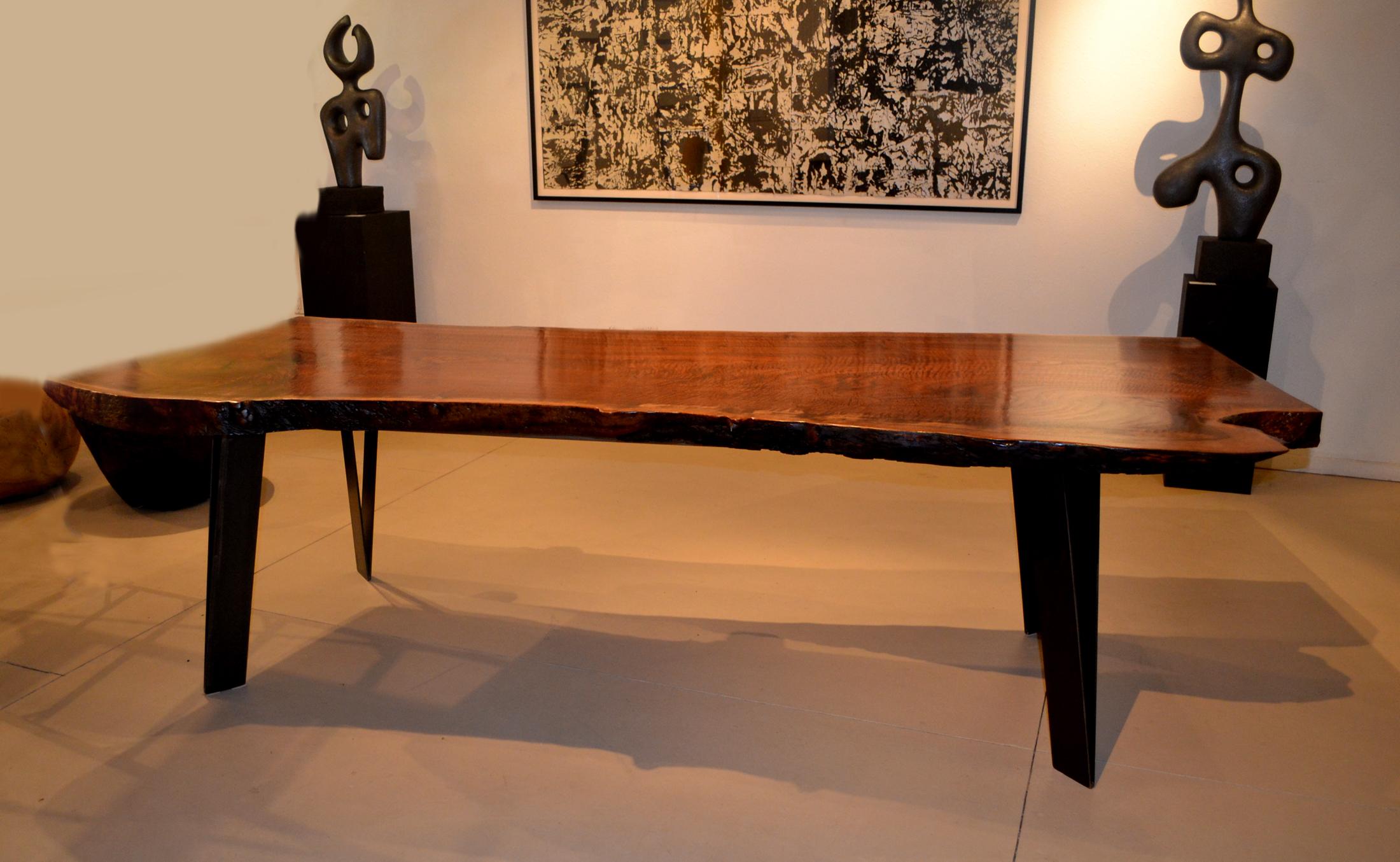 20th Century Claro Walnut Slab Dining Table with Steel Legs by Artist Charles Green For Sale