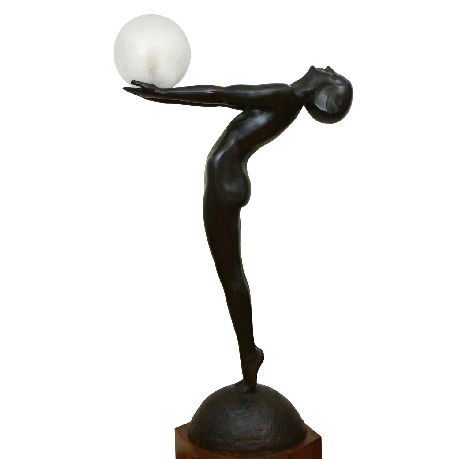 CLARTE Life Size Art Deco Bronze Lamp Standing Nude with Globe by Max Le Verrier For Sale 1