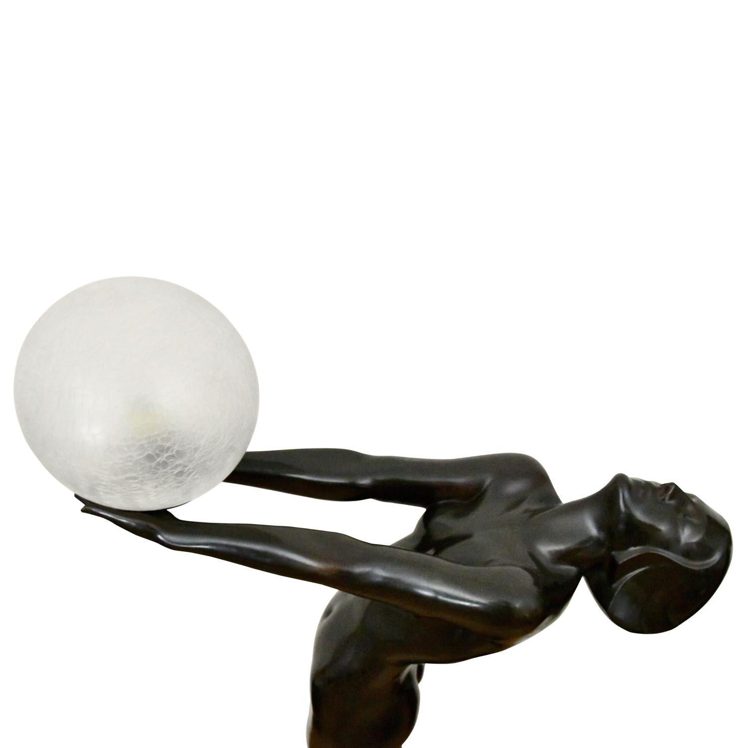 CLARTE Life Size Art Deco Bronze Lamp Standing Nude with Globe by Max Le Verrier For Sale 2