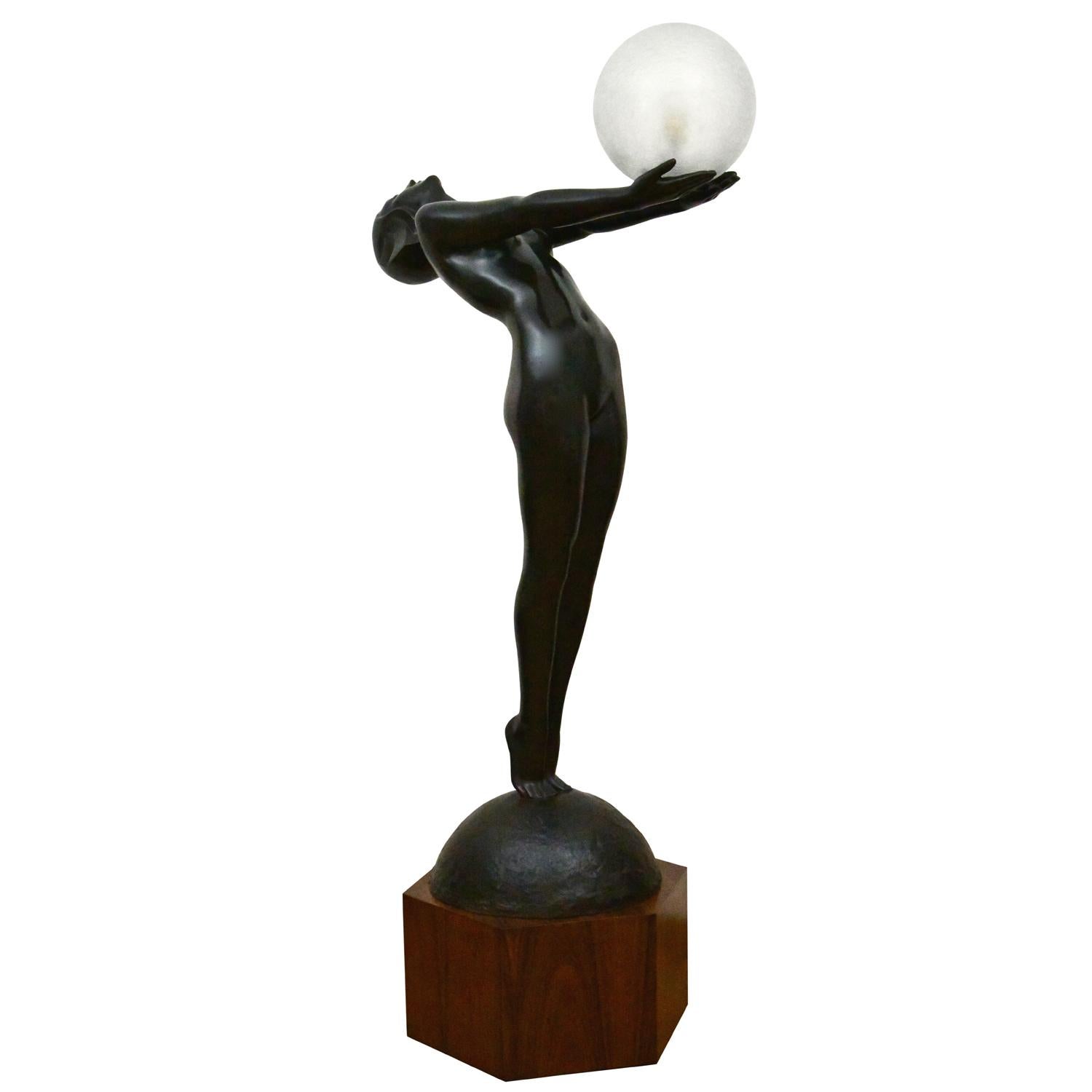 French CLARTE Life Size Art Deco Bronze Lamp Standing Nude with Globe by Max Le Verrier For Sale