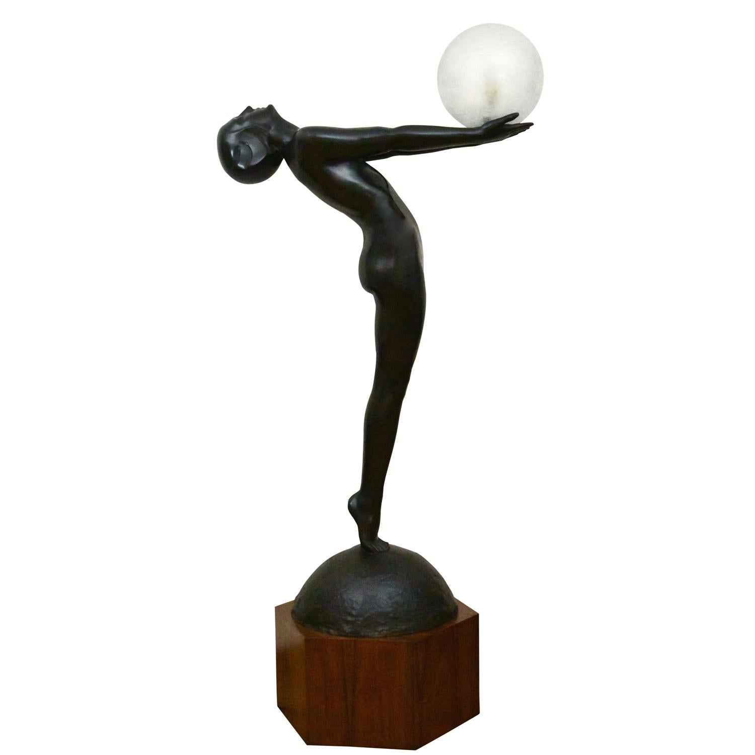 Hand-Crafted CLARTE Life Size Art Deco Bronze Lamp Standing Nude with Globe by Max Le Verrier For Sale