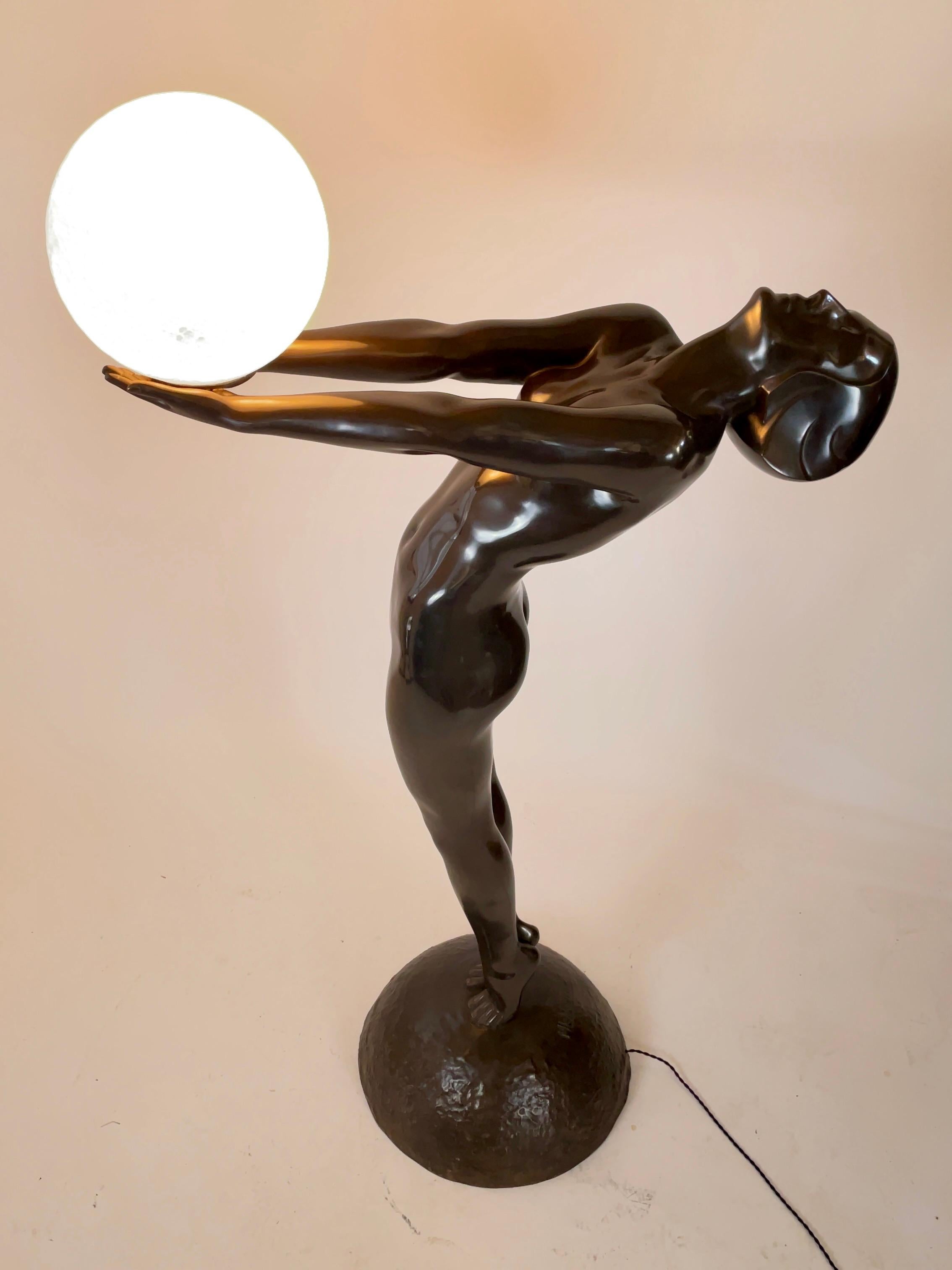 Patinated Clarté Very Big Sculpture in Art Deco Style Floor Lamp Original Max Le Verrier For Sale