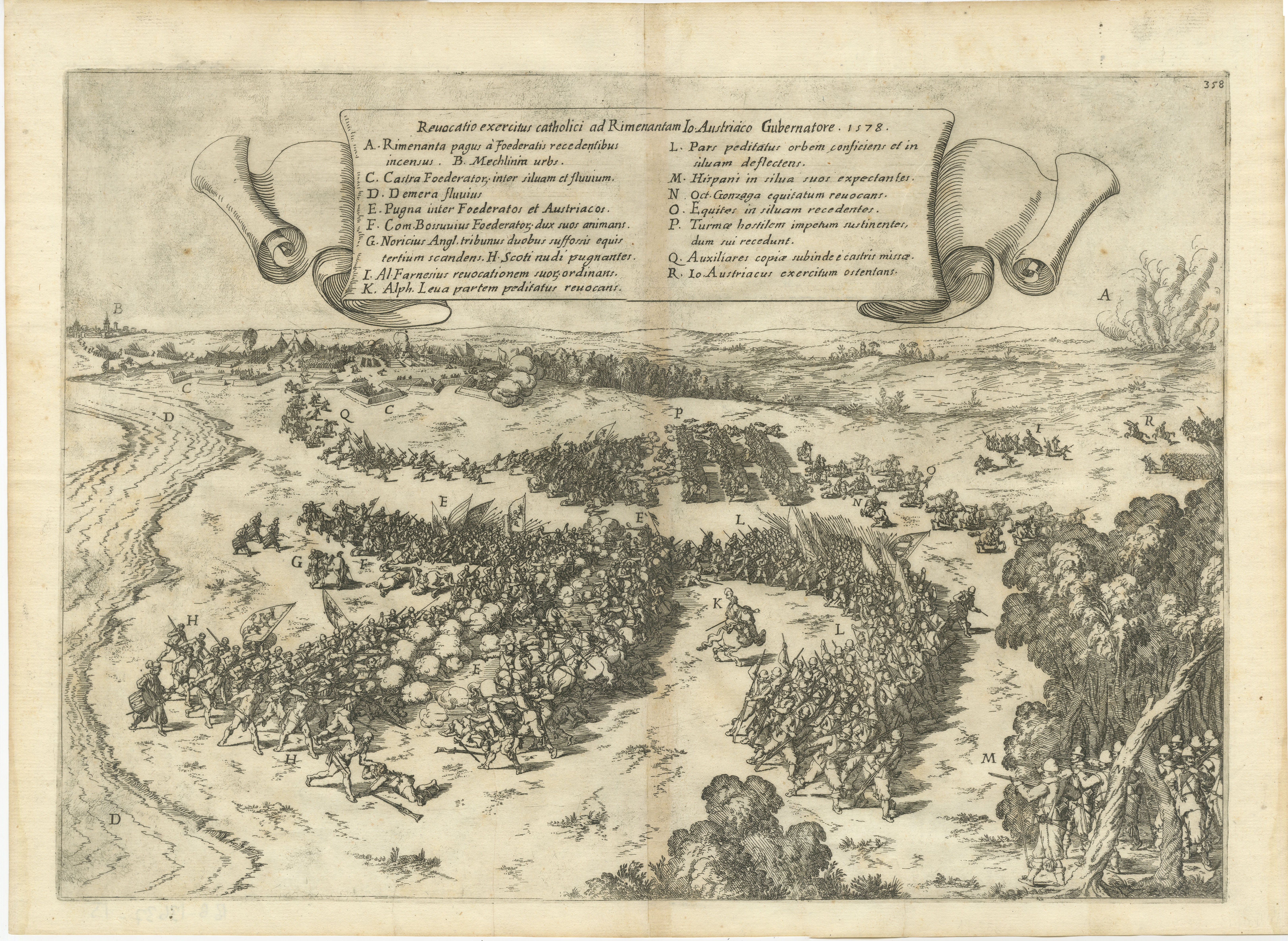 Rare gravure représentant une bataille de la guerre de quatre-vingts ans. 

La bataille de Rijmenam a eu lieu le 31 juillet 1578, au début de la guerre de Quatre-Vingts Ans. Il s'agissait d'un conflit entre les États généraux des Pays-Bas et le