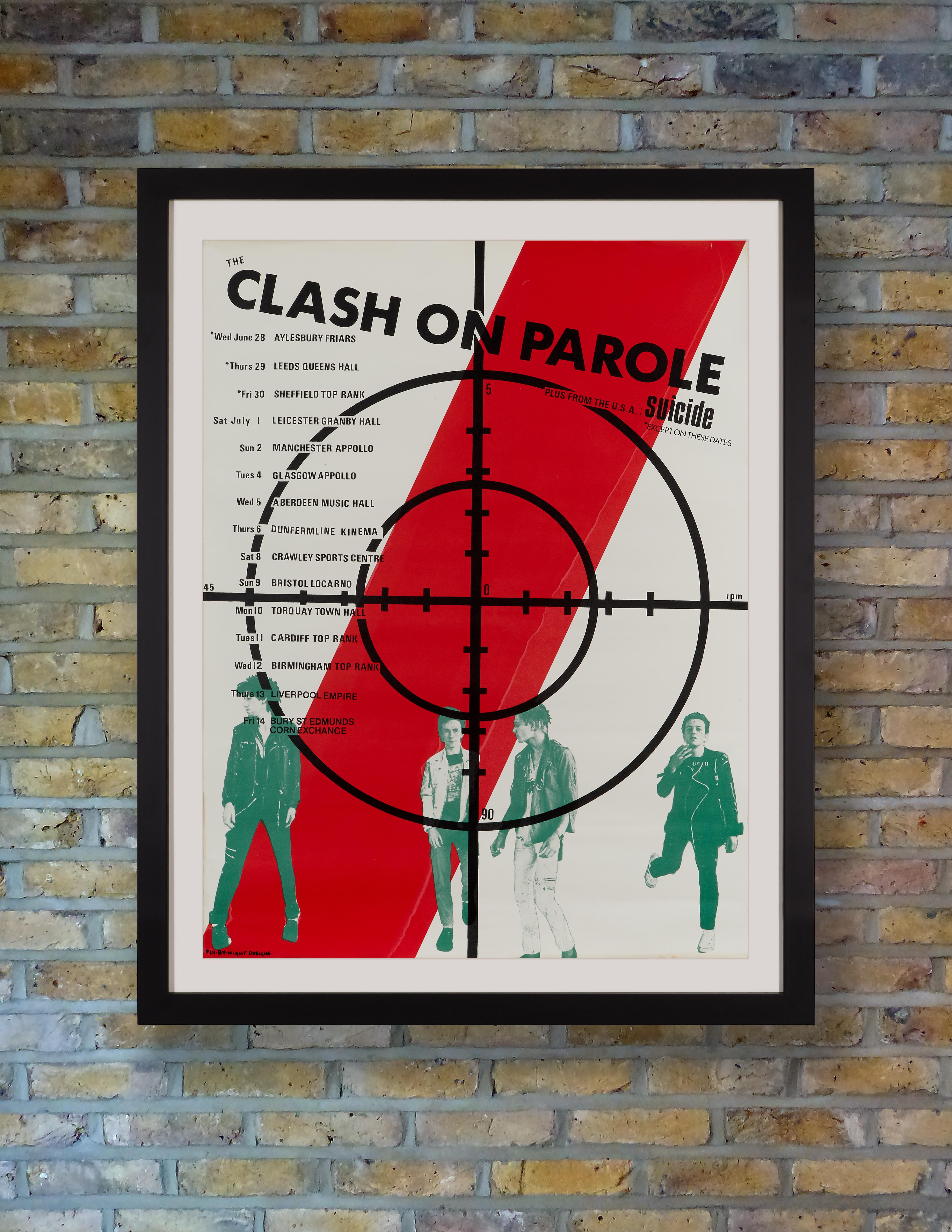 A bold original silkscreen tour poster for British punk rock band The Clash's UK 'Clash On Parole' tour, from June-July 1978, following the release of their single 