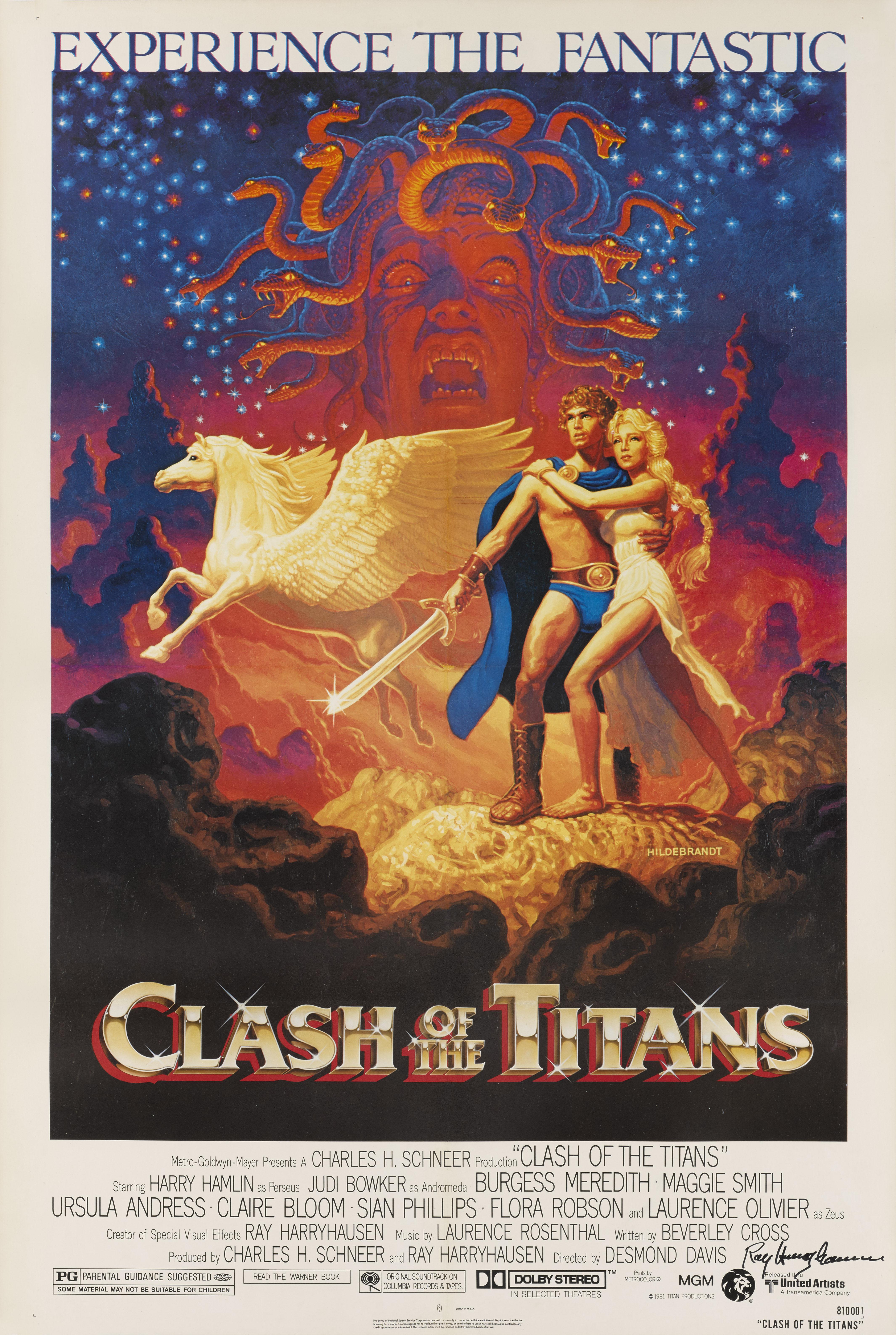 Original US film poster for Clash of the Titans, 1981.
This fantasy adventure film was directed by Desmond Davis and written by Beverley Cross. The film stars Harry Hamlin, Judi Bowker, Burgess Meredith, Maggie Smith and Laurence Olivier, and is