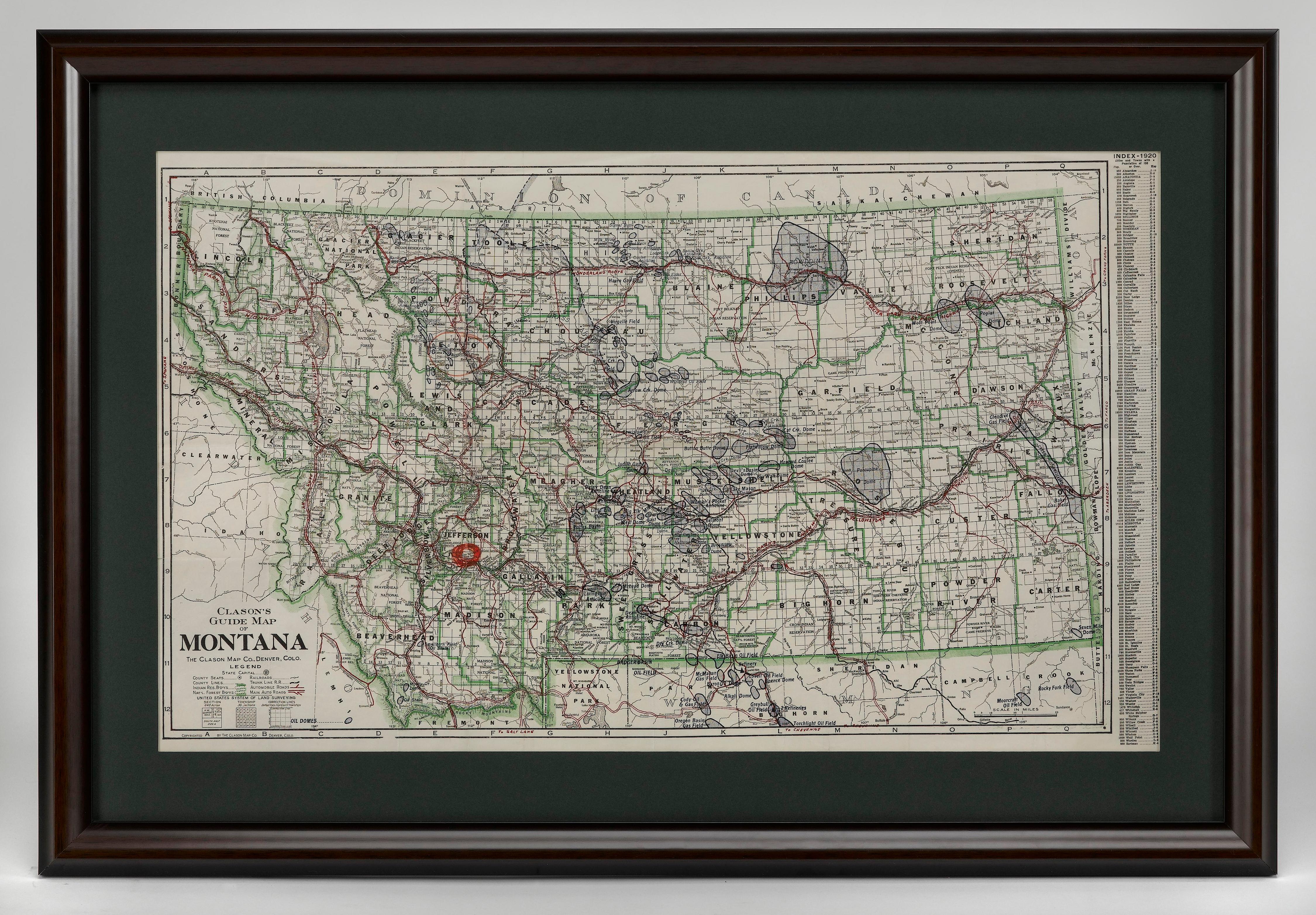 Presented is “Clason's Guide Map of Montana,” published in the early 1920s by the Clason Map Company. Issued as a folding map, this map identifies county boundaries, county seats, Native American reservation borders, national forest boundaries,
