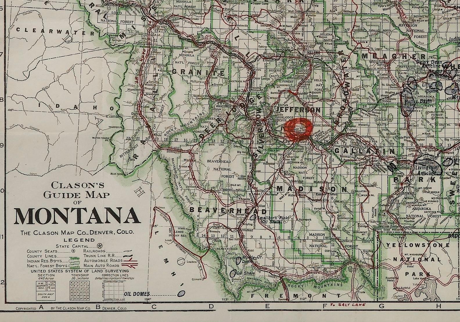 Début du 20ème siècle « Clason's Guide Map of Montana » par la Clason Map Company, vers 1920 en vente