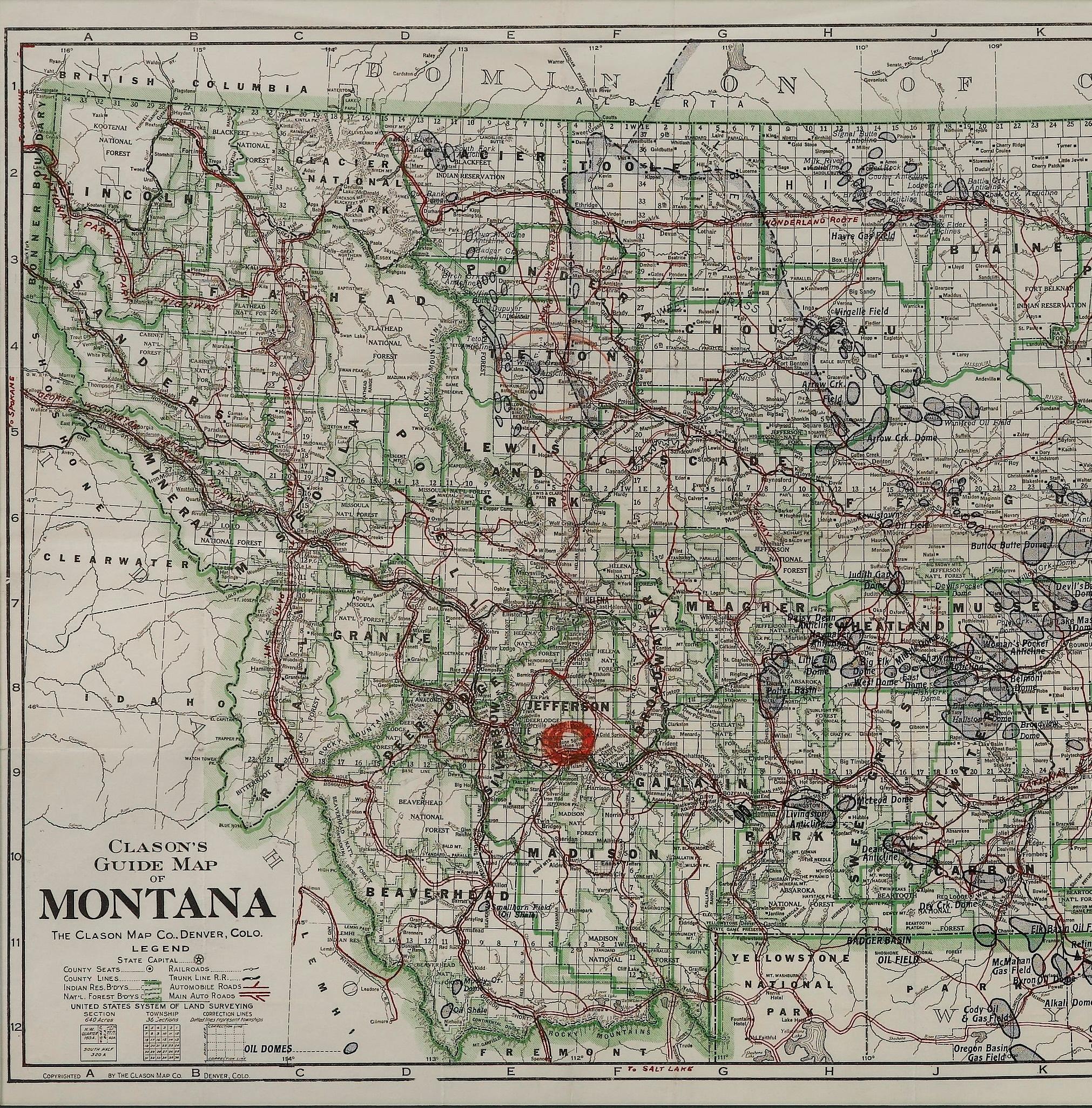 Papier « Clason's Guide Map of Montana » par la Clason Map Company, vers 1920 en vente