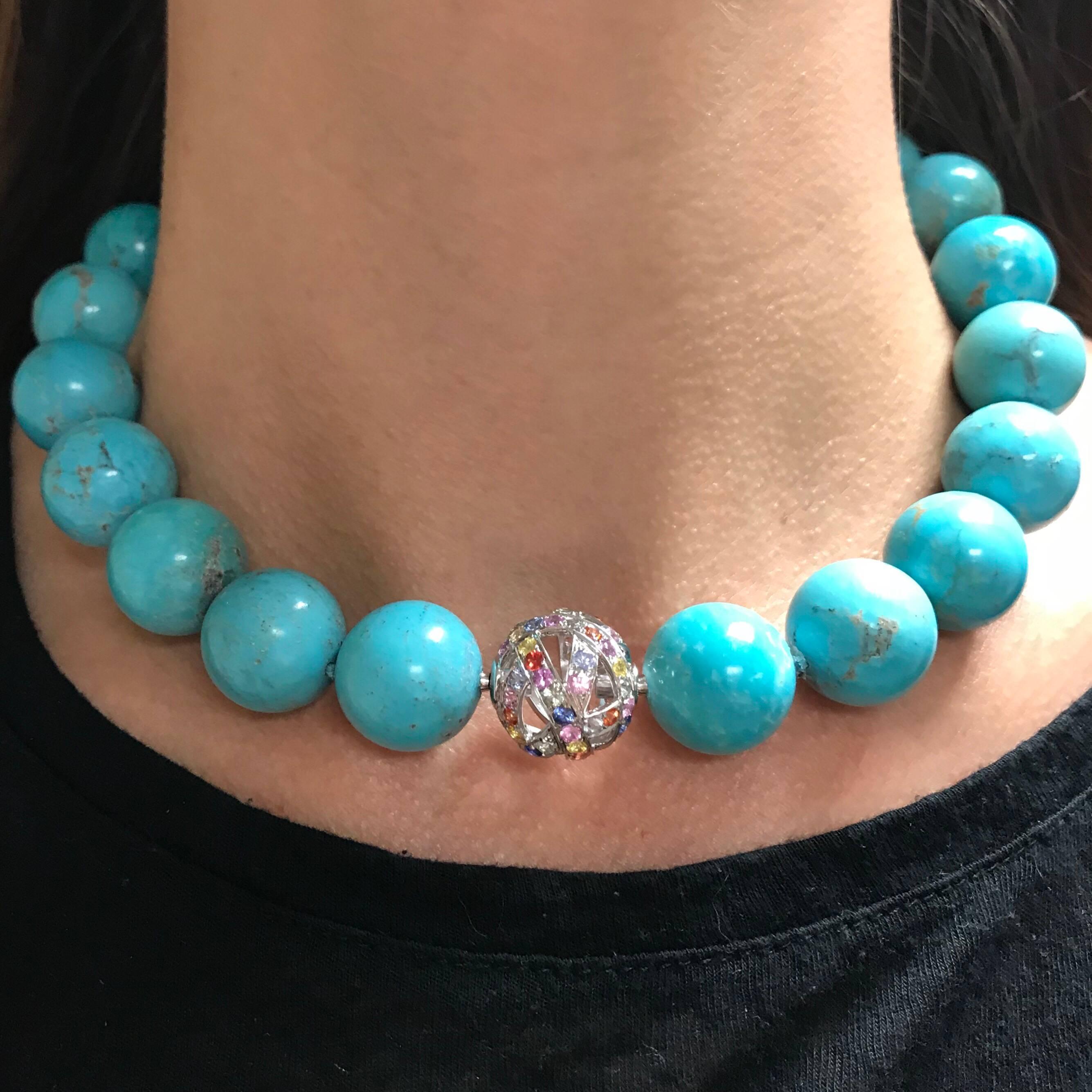 Clasp Beaded Necklace Natural Turquoises Colorful Sapphires White Gold 18 Karat For Sale 1