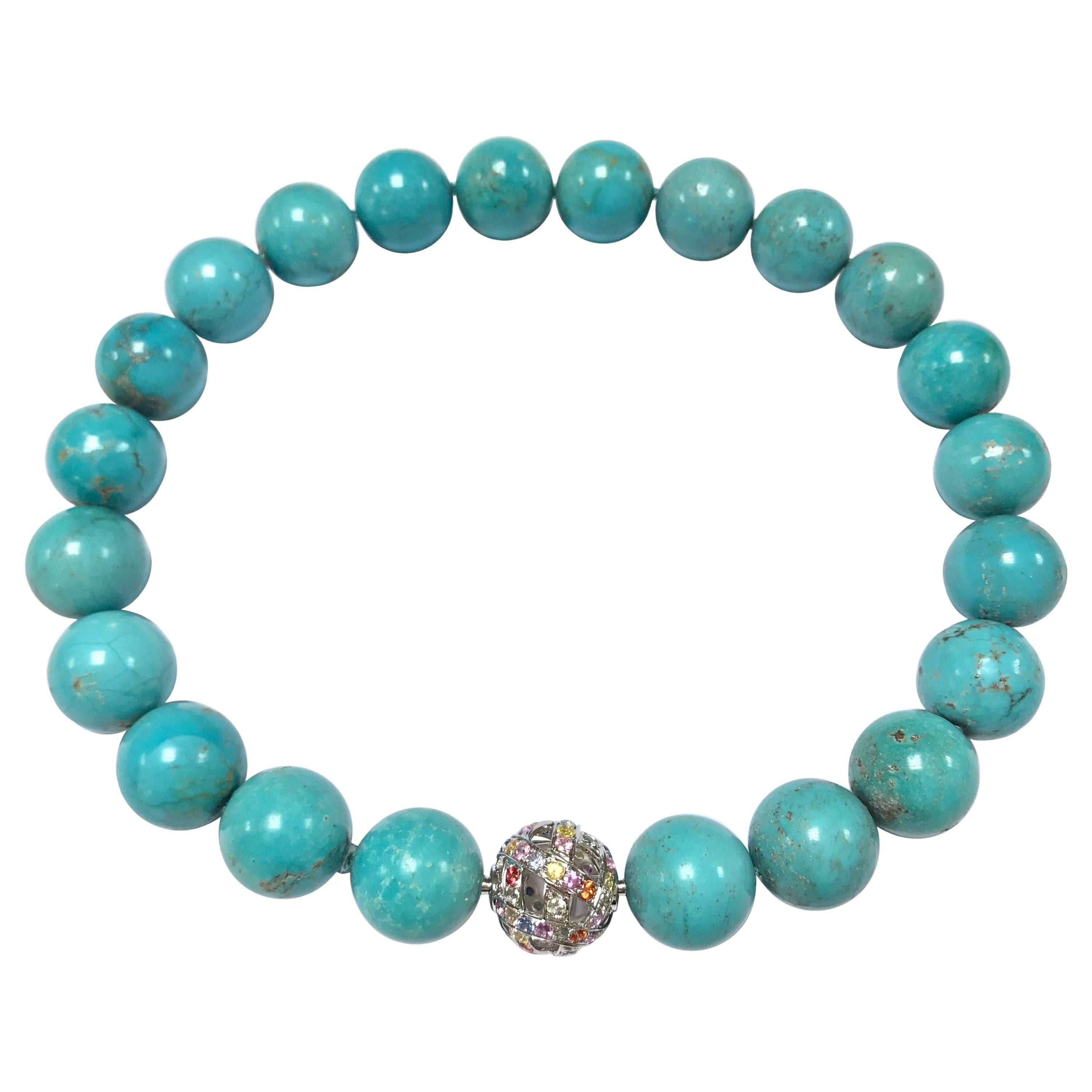 Clasp Beaded Necklace Natural Turquoises Colorful Sapphires White Gold 18 Karat For Sale