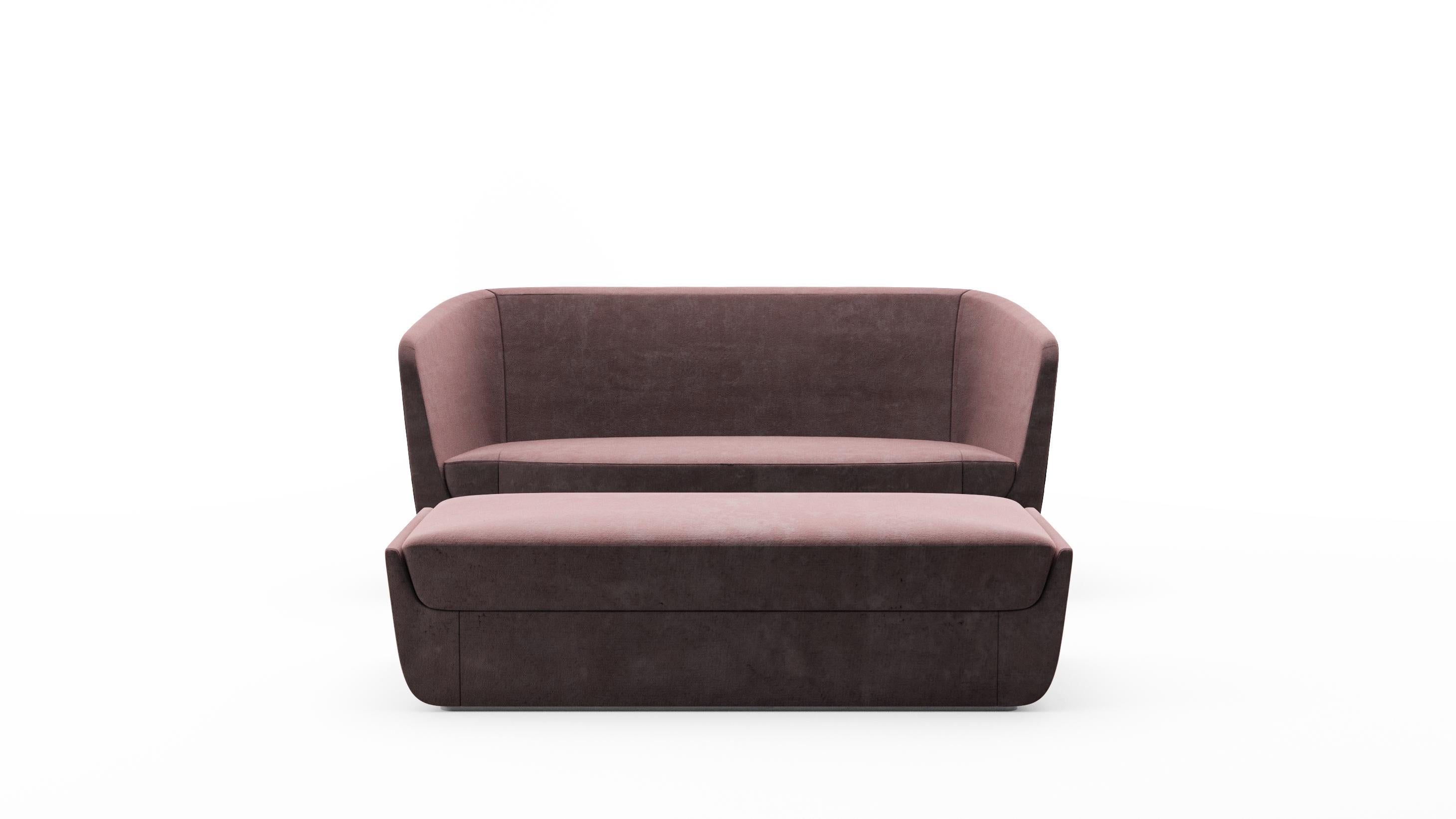 Modern Clasp Loveseat & Ottoman, Contemporary Sofa Set Upholstered in Holly Hunt Velvet For Sale
