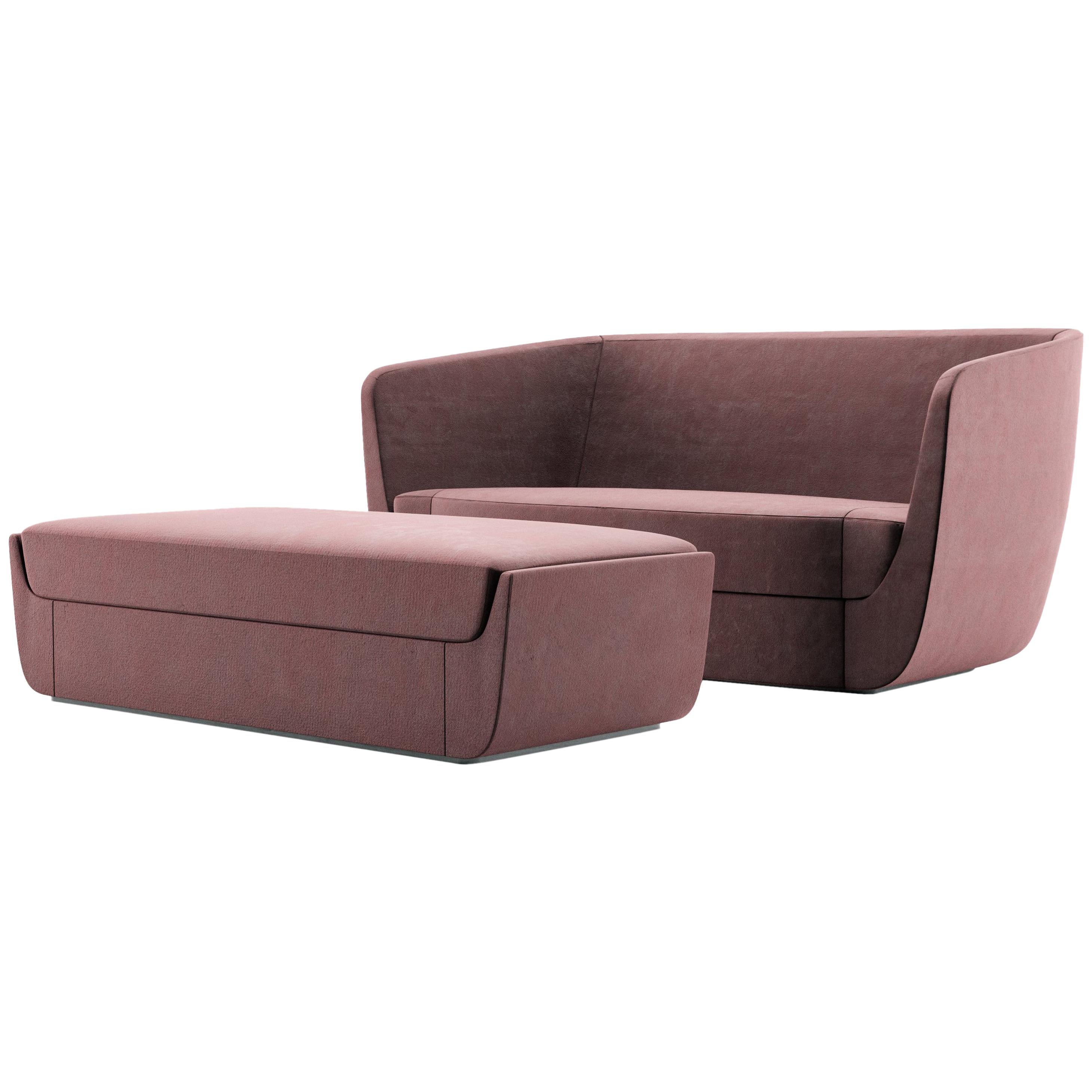 Clasp Loveseat & Ottoman, Contemporary Sofa Set Upholstered in Holly Hunt Velvet For Sale