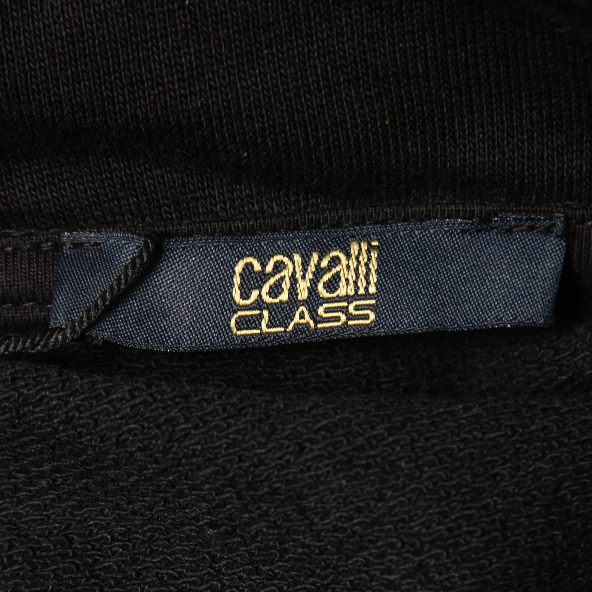 Class by Roberto Cavalli Black Logo Print Cotton Hooded Dress L Excellent état - En vente à Dubai, Al Qouz 2