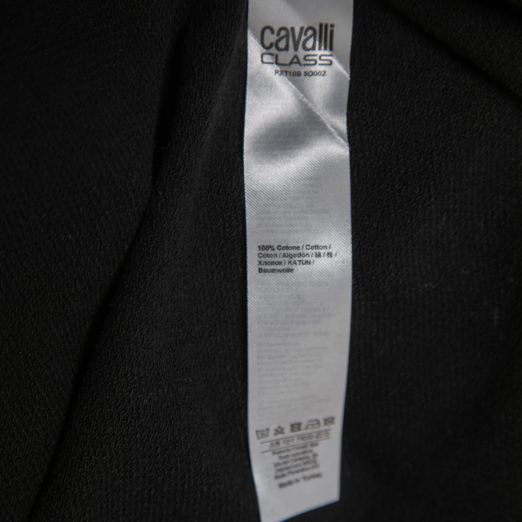 Women's Class by Roberto Cavalli Black Logo Print Cotton Hooded Dress L For Sale