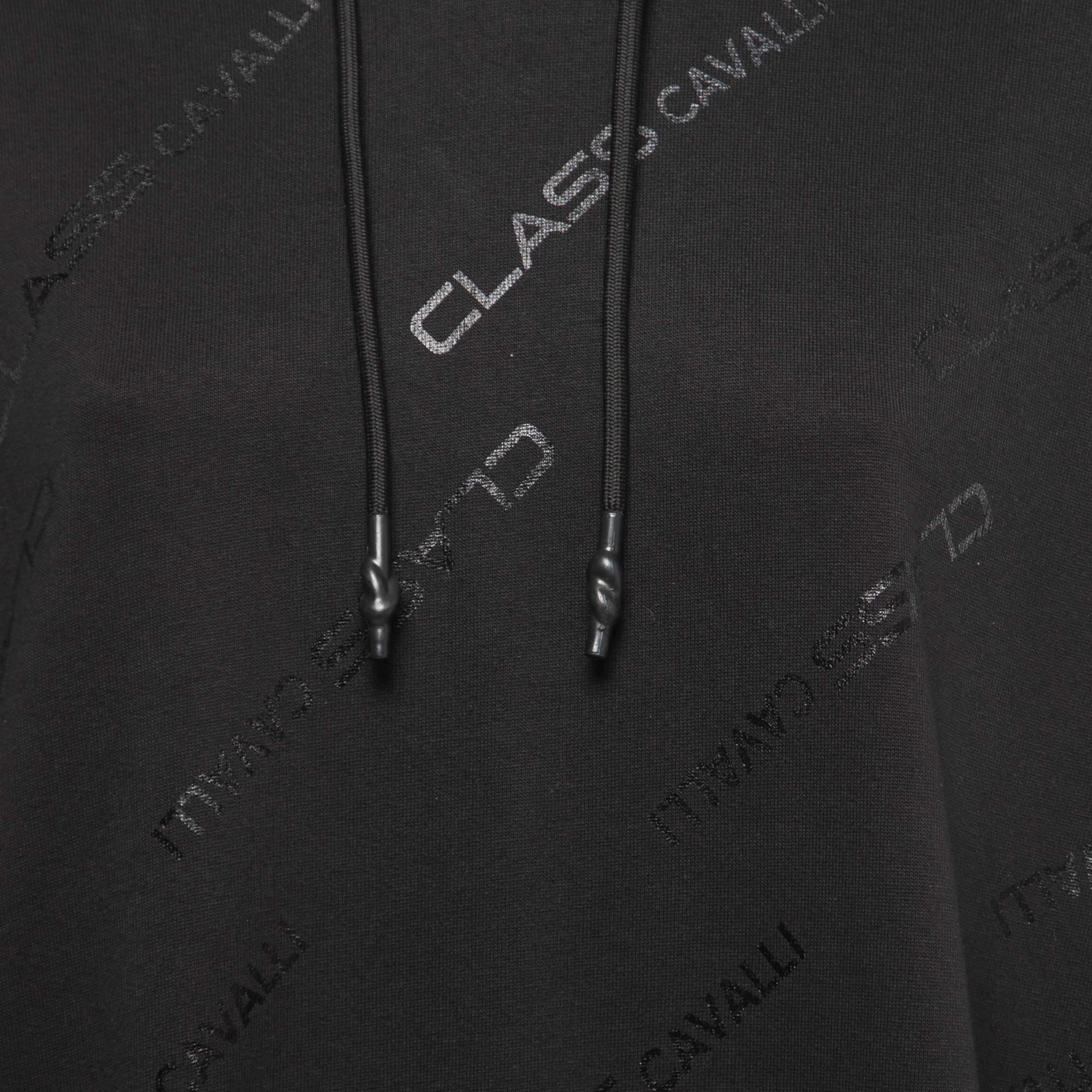 Class by Roberto Cavalli Black Logo Print Cotton Hooded Dress L en vente 1
