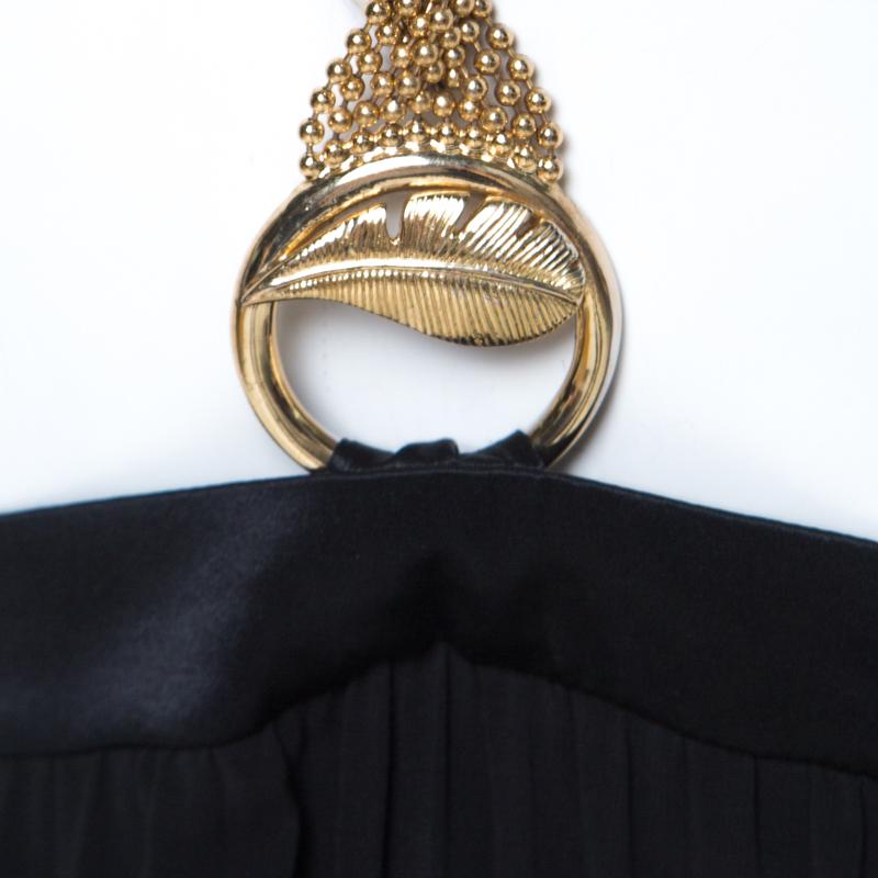 Class By Roberto Cavalli Black Pleated Chiffon Gold Chain Strap Detail Dress M In Good Condition In Dubai, Al Qouz 2