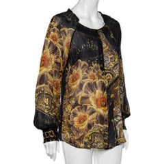 Class by Roberto Cavalli Black Printed Silk Ruffled Neck Button Front Top M