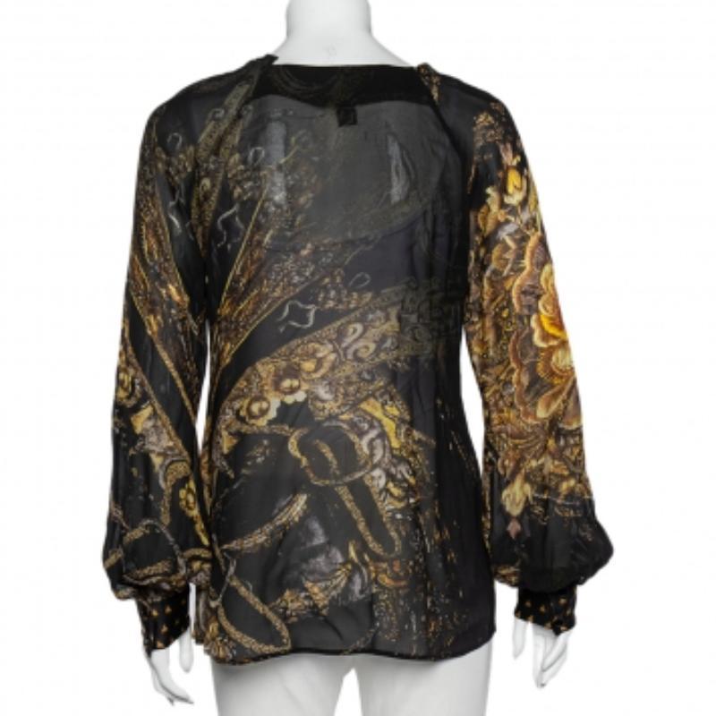 Class by Roberto Cavalli Schwarzes bedrucktes Seidenoberteil mit gerafftem Ausschnitt und Knopfleiste vorne, M Damen