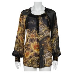 Class by Roberto Cavalli Seda estampada negra Cuello con volantes Top con botones M