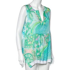 Class by Roberto Cavalli Blue Printed Silk Rib Knit Trim Detailed Top L