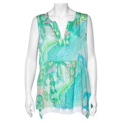 Class by Roberto Cavalli Blue Printed Silk Rib Knit Trim Detailed Top L