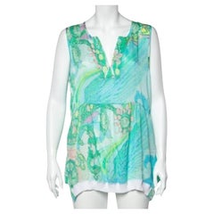 Class by Roberto Cavalli Blue Printed Silk Rib Knit Trim Detailed Top L