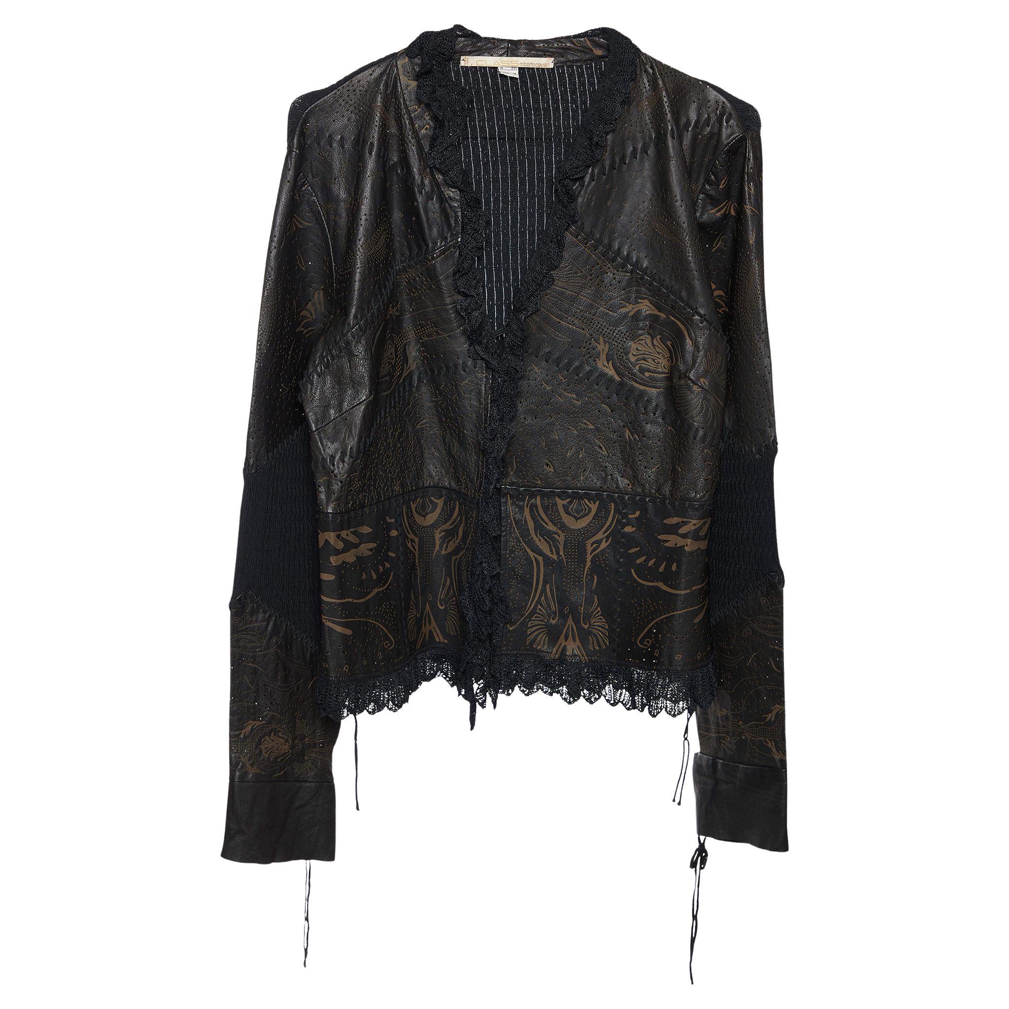 Class by Roberto Cavalli Brown Leather & Knit Ruffled Jacket L For Sale
