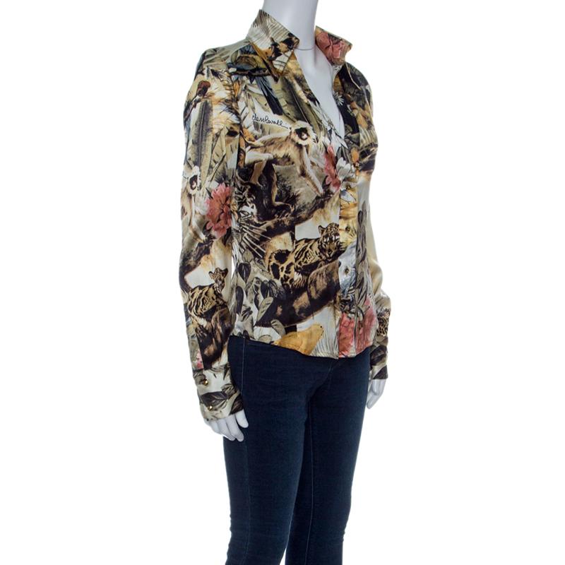 Brown Class by Roberto Cavalli Floral Printed Stretch Silk Satin Button Front Shirt M