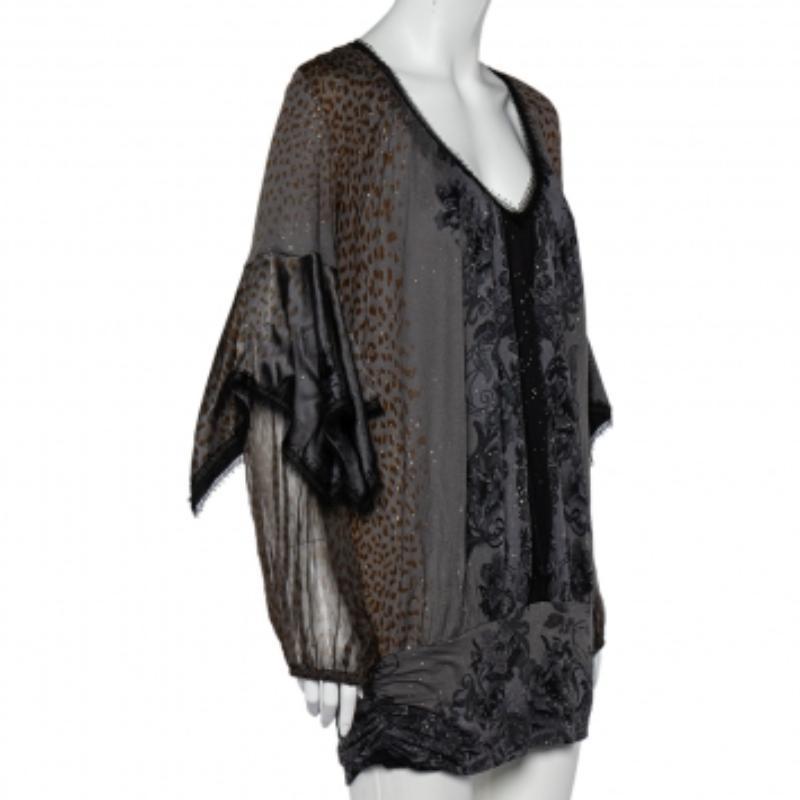 Class by Roberto Cavalli Jersey Gris Estampado Sobrepuesto Manga Detallada Top L en venta 1