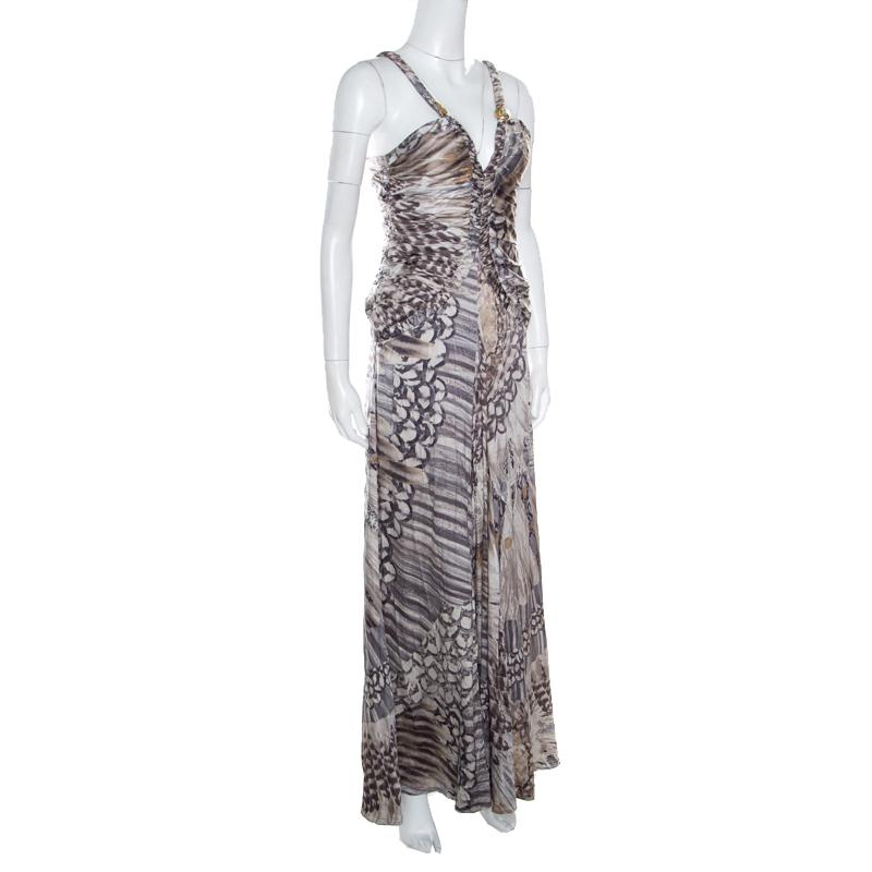 Gray Class by Roberto Cavalli Grey Silk Printed Ruched Bodice Detail Plunge Neck Gown