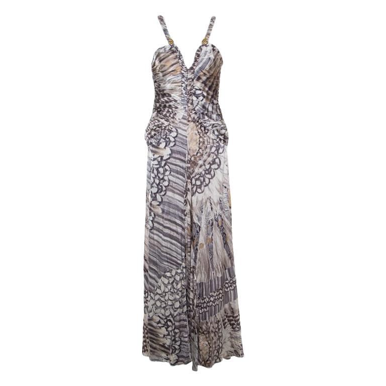 Class by Roberto Cavalli Grey Silk Printed Ruched Bodice Detail Plunge Neck Gown