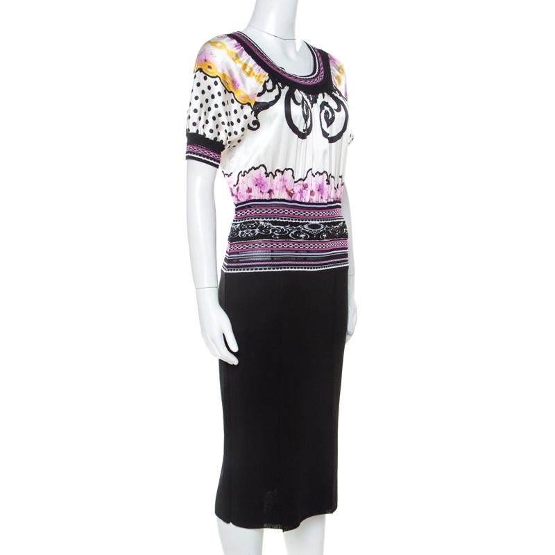 Class By Roberto Cavalli Multicolor Printed Bodice Knit Detail Sheath Dress M In Excellent Condition In Dubai, Al Qouz 2