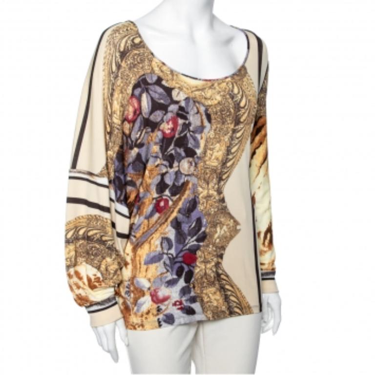 This top from Class by Roberto Cavalli delivers unending trendiness and effortless style! Tailored from multicolored printed jersey fabric, this top features a relaxed silhouette with long sleeves. Pair this top with minimal accessories and black