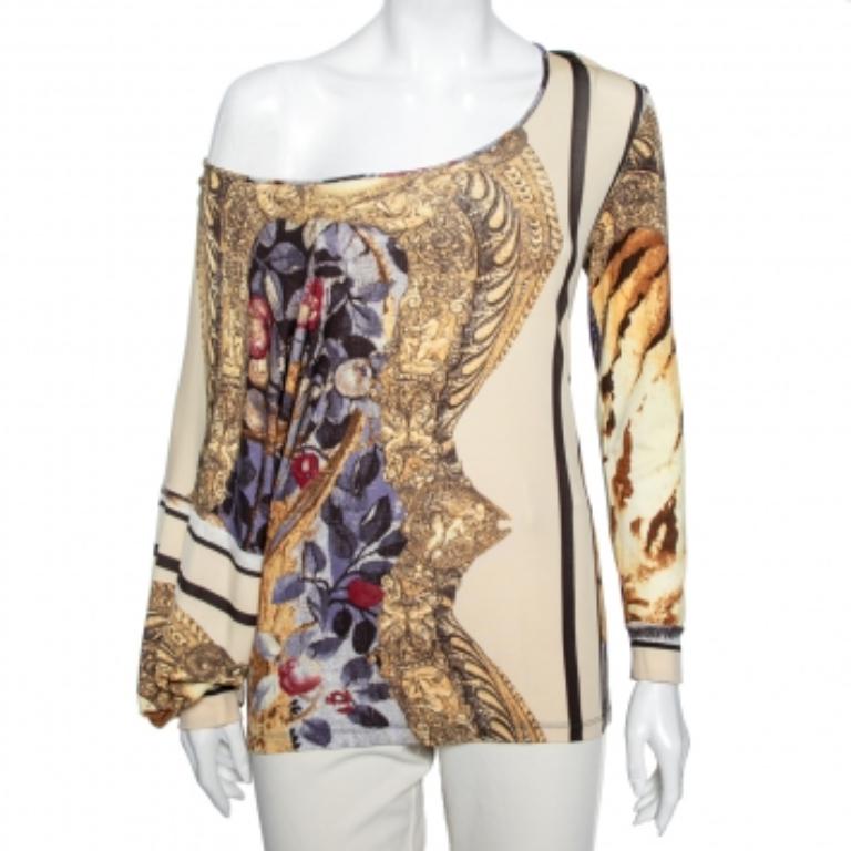 Brown Class by Roberto Cavalli Multicolor Printed Jersey Top M For Sale
