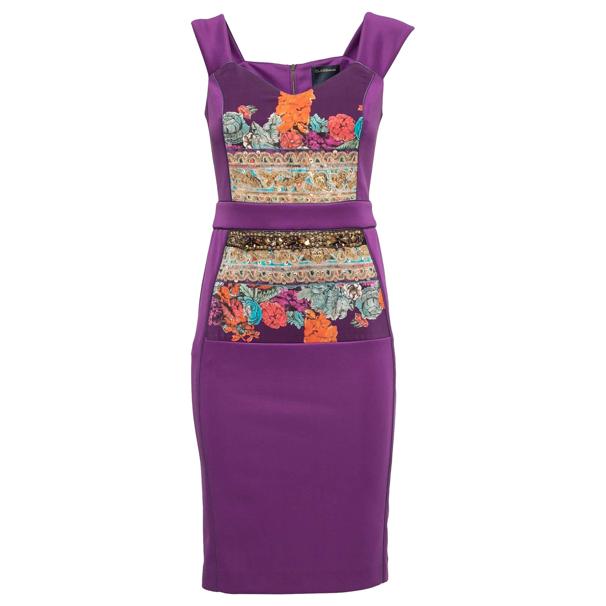Class by Roberto Cavalli Purple Jersey Floral Applique Beaded Bodycon Dress M