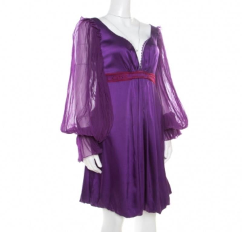 De las mujeres Class by Roberto Cavalli Purple Satin Embroidered Waist Plunge Neck Dress M en venta