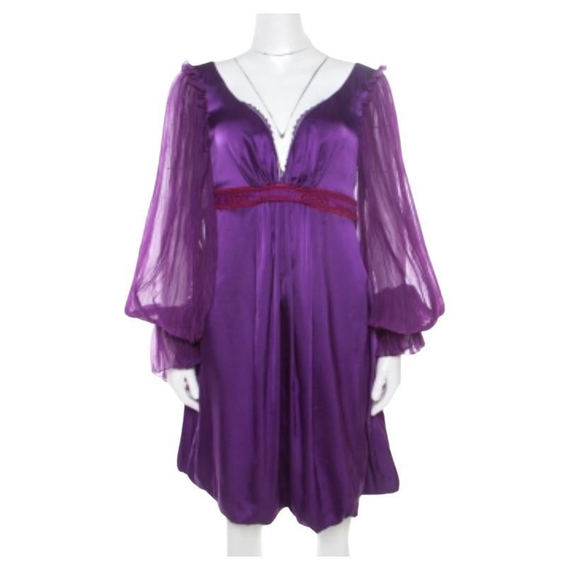 Class by Roberto Cavalli Purple Satin Embroidered Waist Plunge Neck Dress M en venta